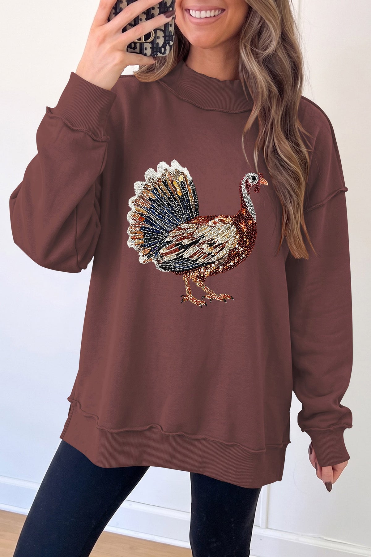 Coffee Thanksgiving Sparkling Gobble Turkey High Neck Pullover Sweatshirt