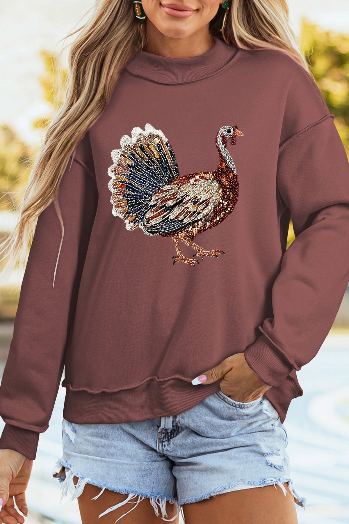 Coffee Thanksgiving Sparkling Gobble Turkey High Neck Pullover Sweatshirt