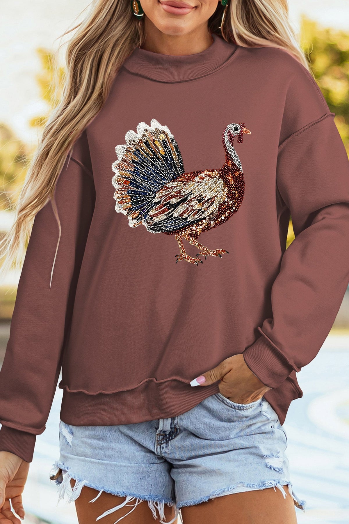 Coffee Thanksgiving Sparkling Gobble Turkey High Neck Pullover Sweatshirt