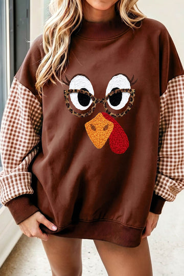 Coffee Thanksgiving Turkey Plaid Sleeve Pullover Sweatshirt