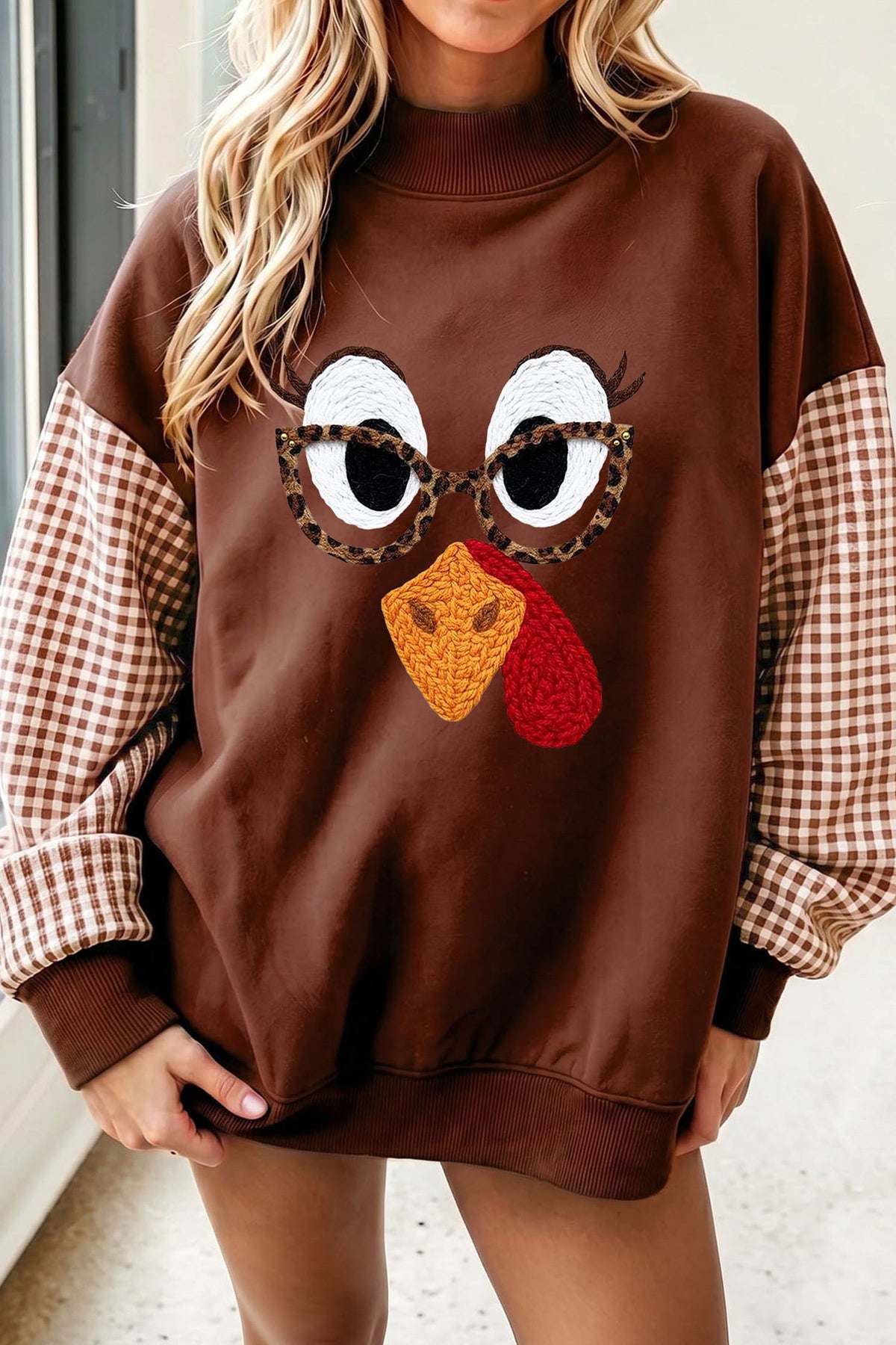 Coffee Thanksgiving Turkey Plaid Sleeve Pullover Sweatshirt
