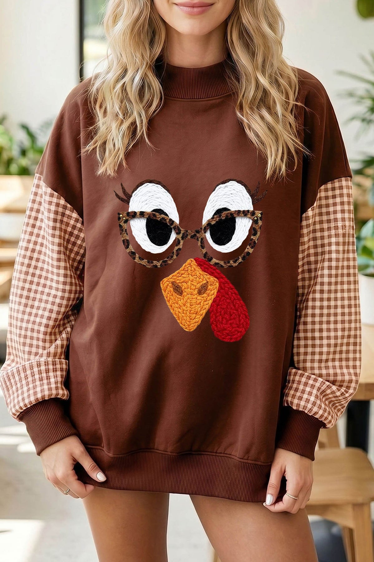Coffee Thanksgiving Turkey Plaid Sleeve Pullover Sweatshirt