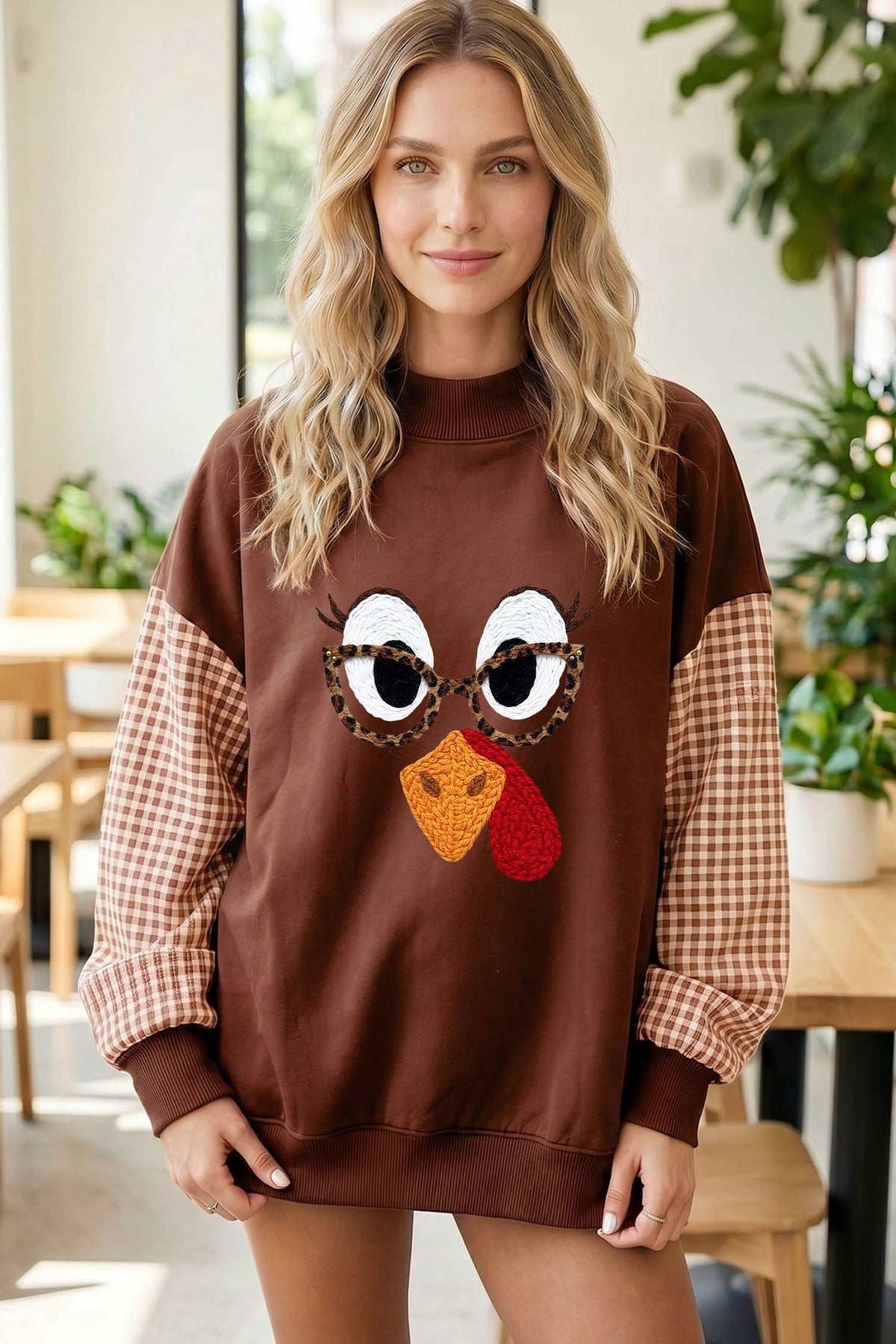 Coffee Thanksgiving Turkey Plaid Sleeve Pullover Sweatshirt