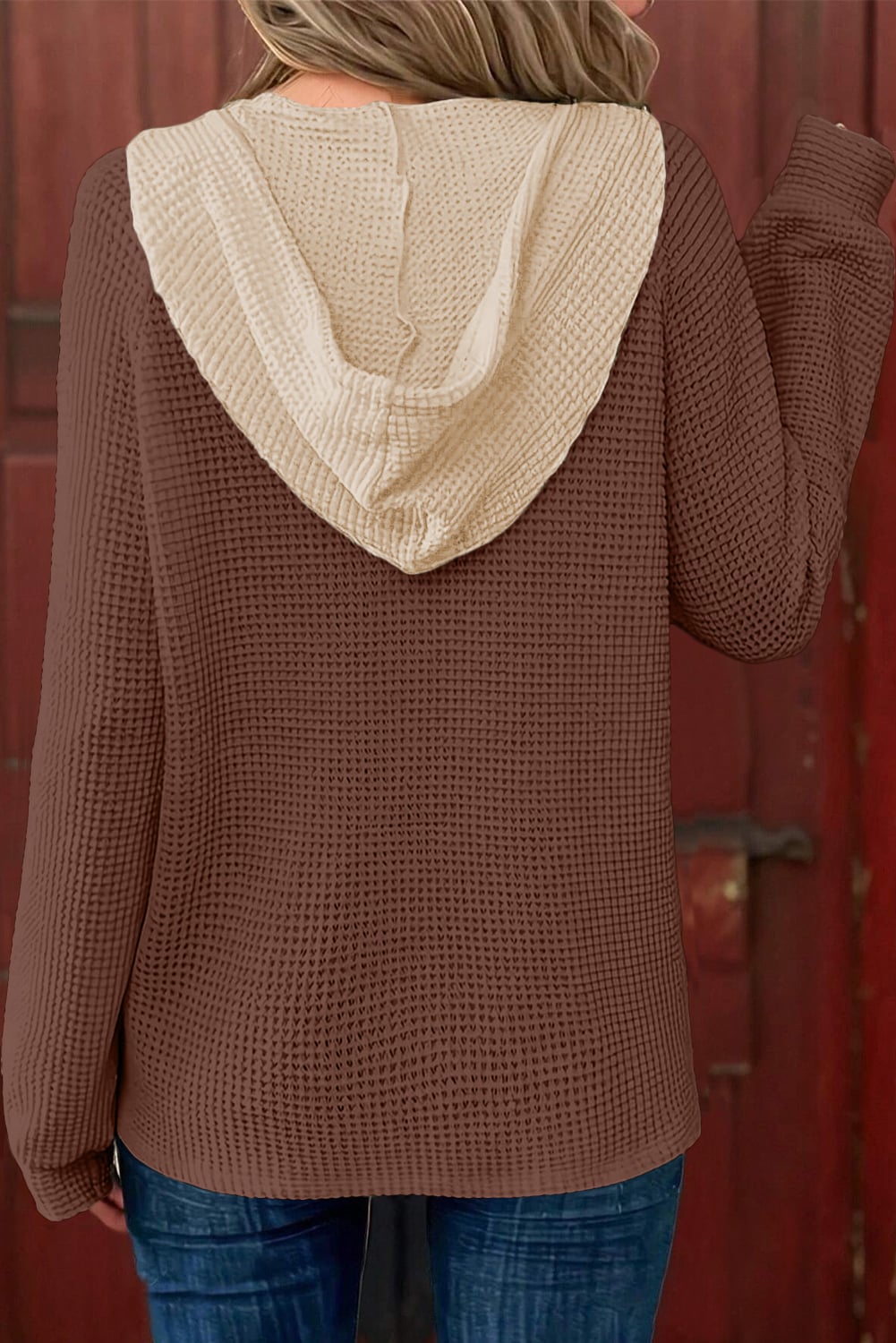 Coffee Waffle Contrast Half Buttoned Hooded Pullover Top