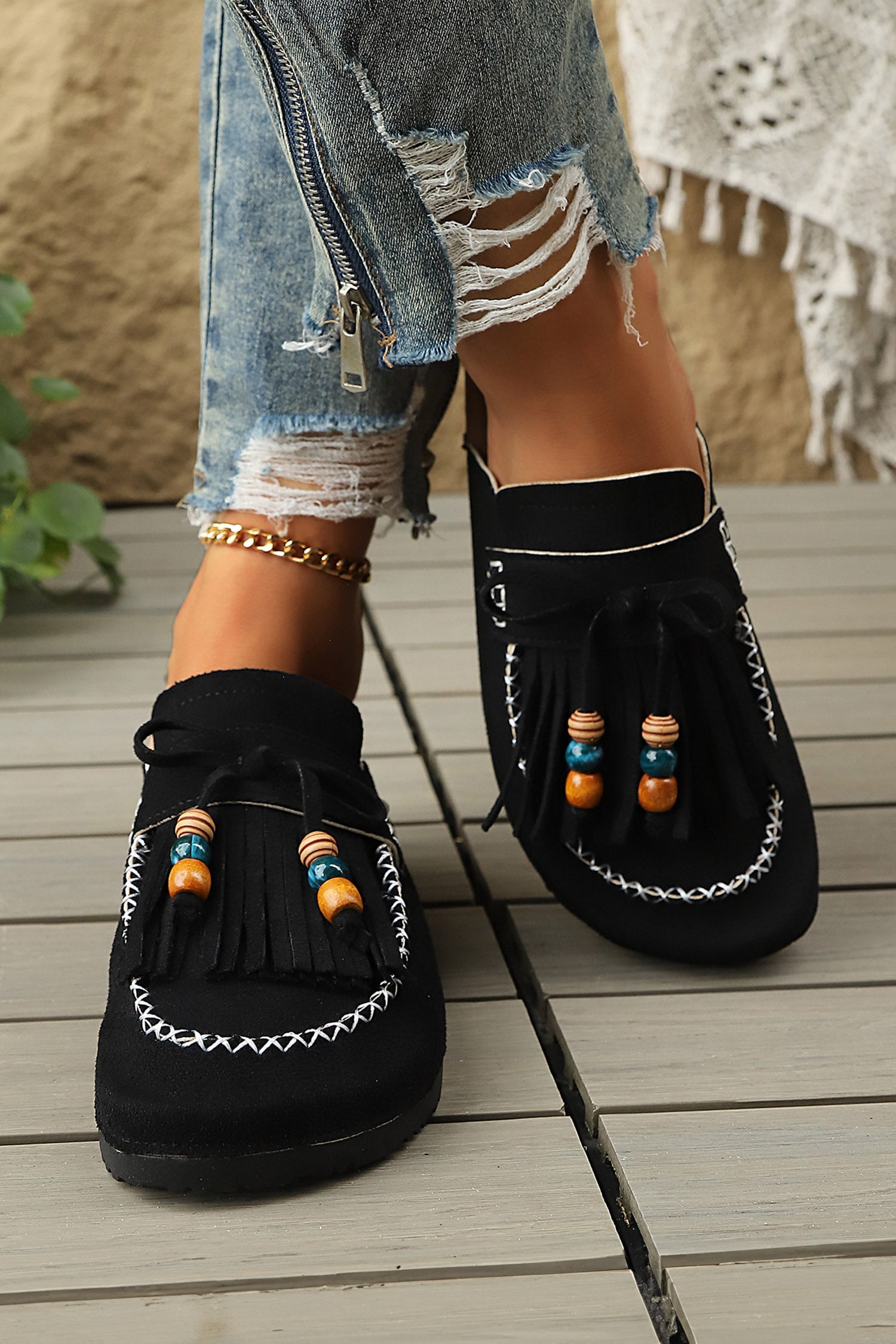 Color black Boho Bow Fringed Faux Suede Slip-on Loafers Square Toe Casual Slippers
