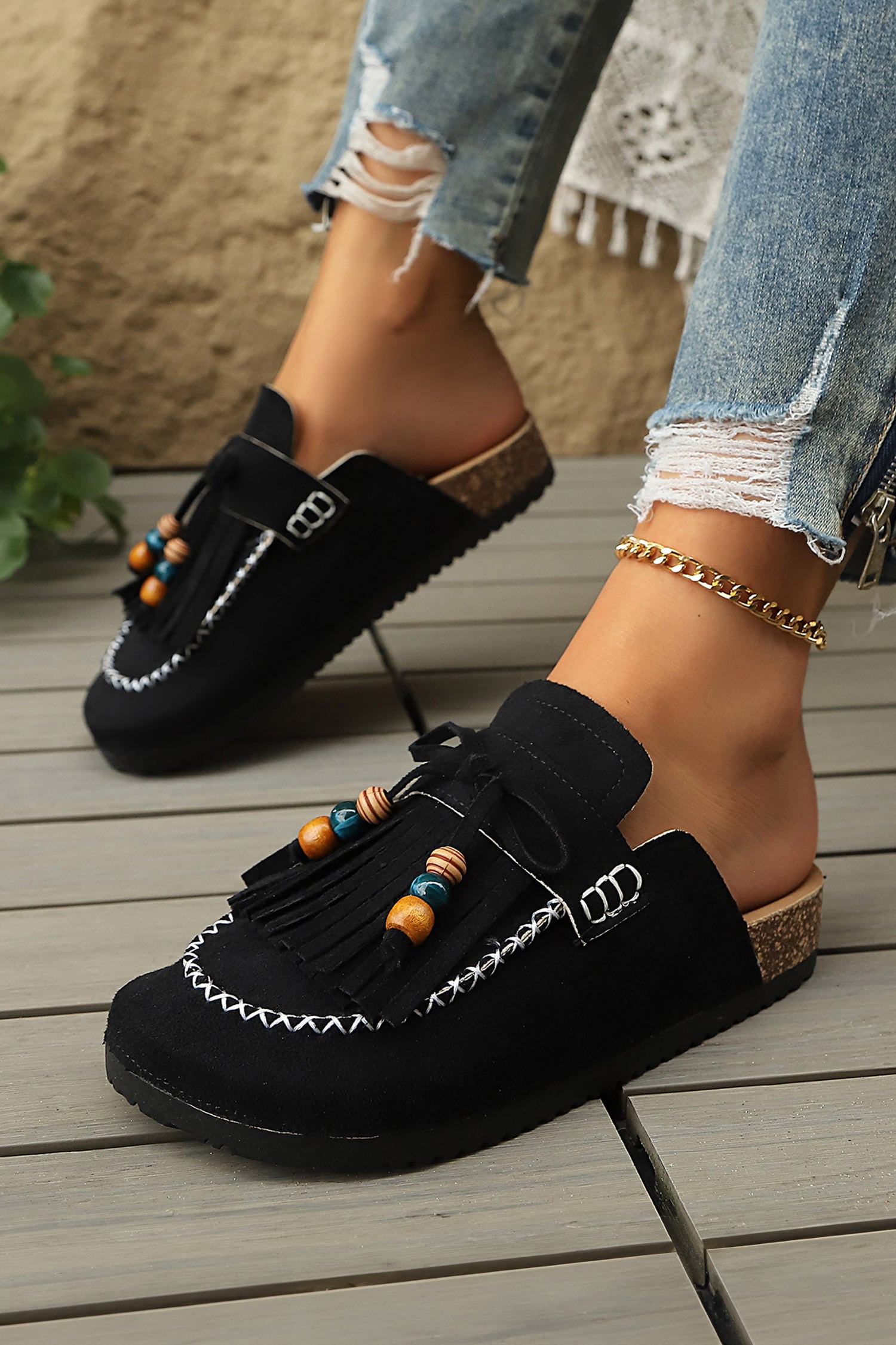 Color black Boho Bow Fringed Faux Suede Slip-on Loafers Square Toe Casual Slippers