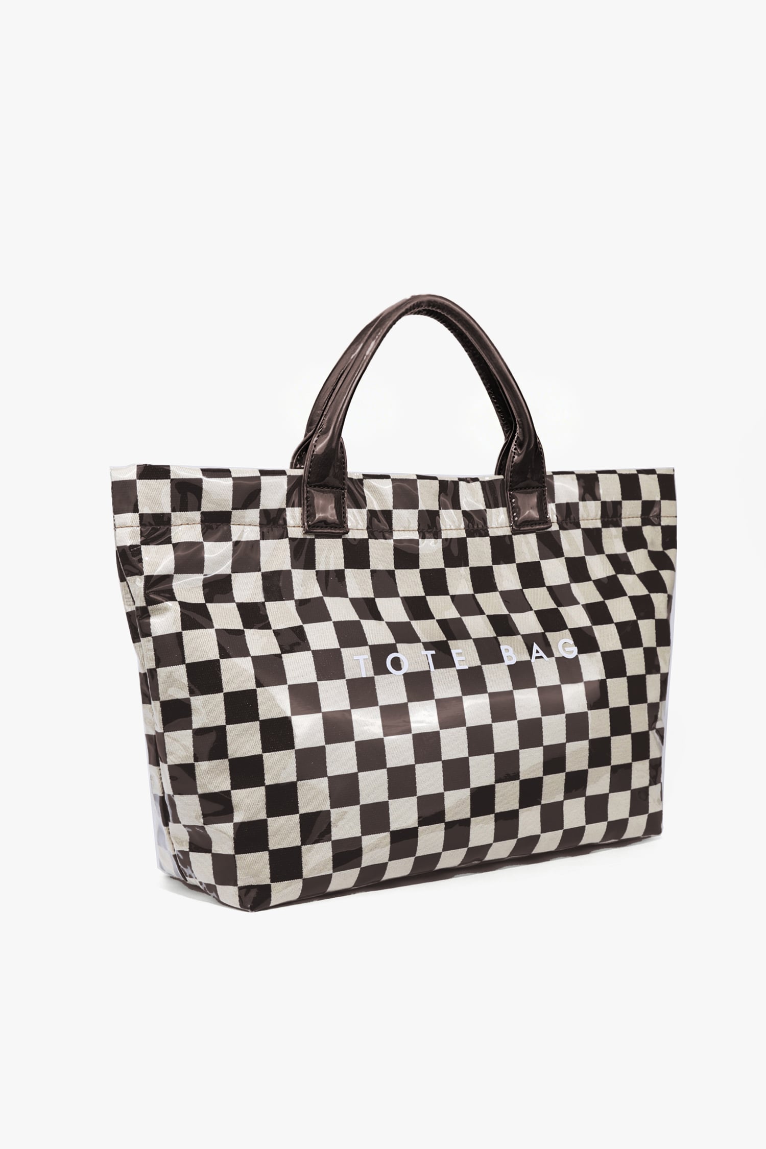 Color black Checkered Glossy PU Leather Tote Bag