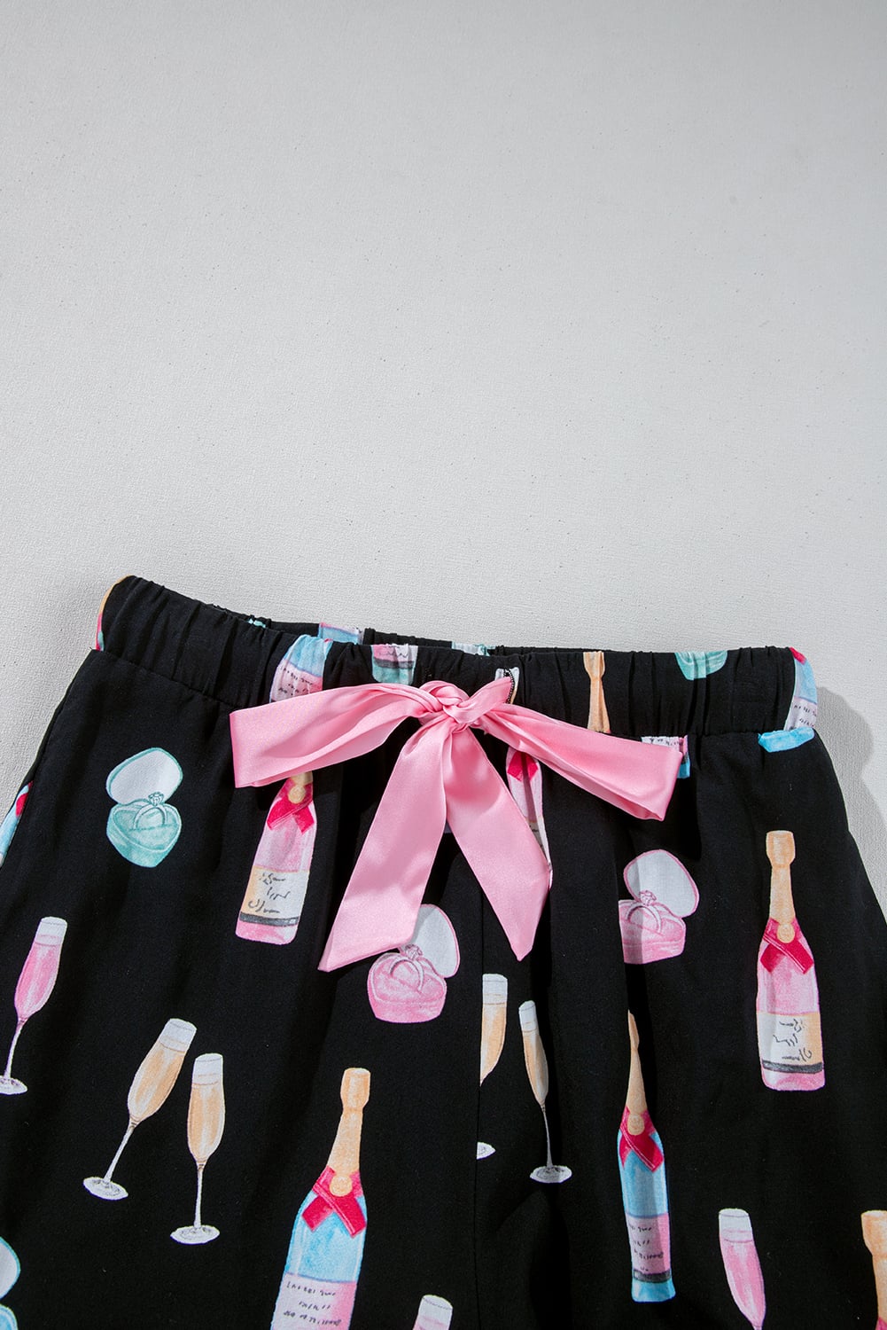 Color black Christmas Wine Glass Print Bow Knot Two Piece Pajama Set