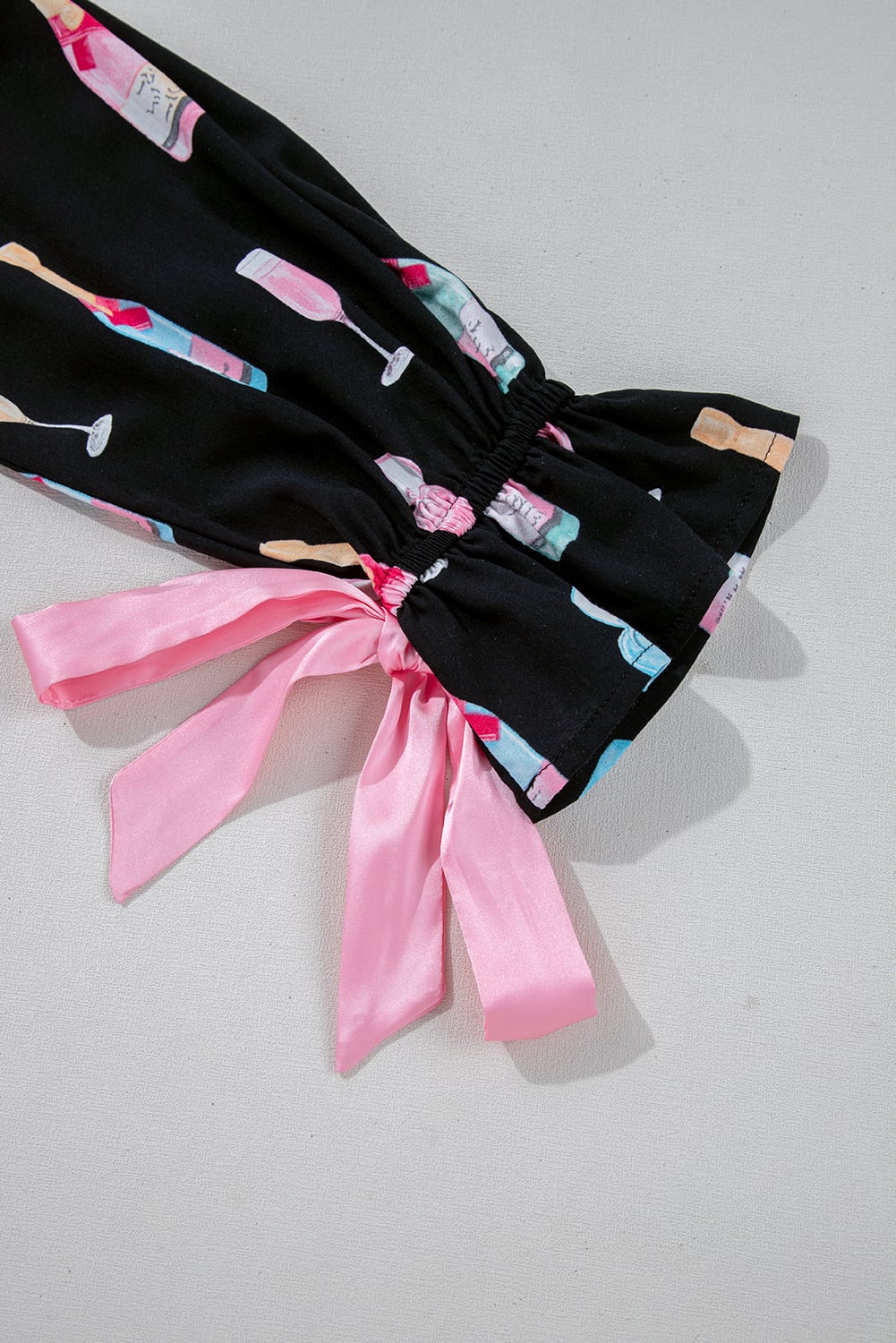 Color black Christmas Wine Glass Print Bow Knot Two Piece Pajama Set