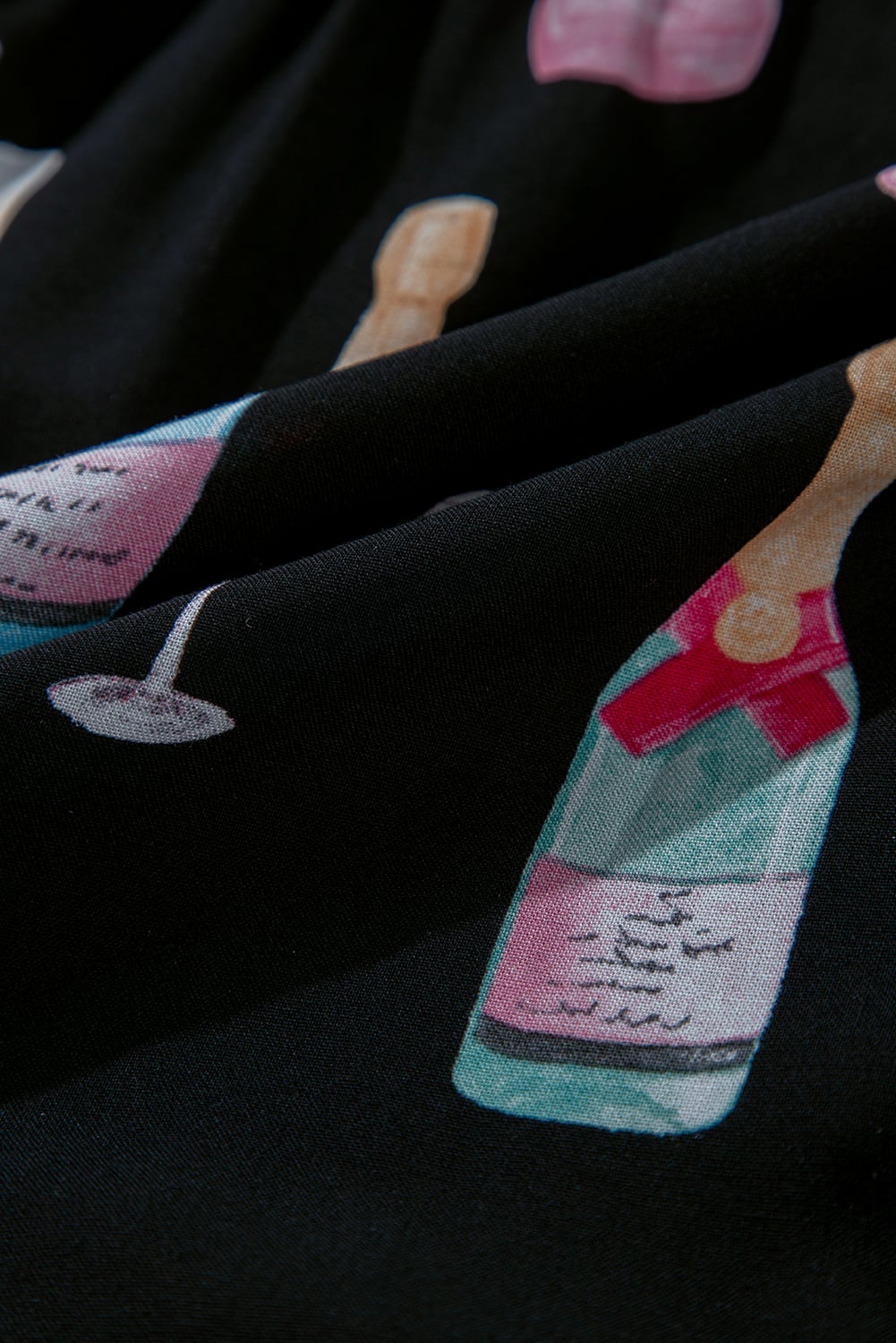 Color black Christmas Wine Glass Print Bow Knot Two Piece Pajama Set