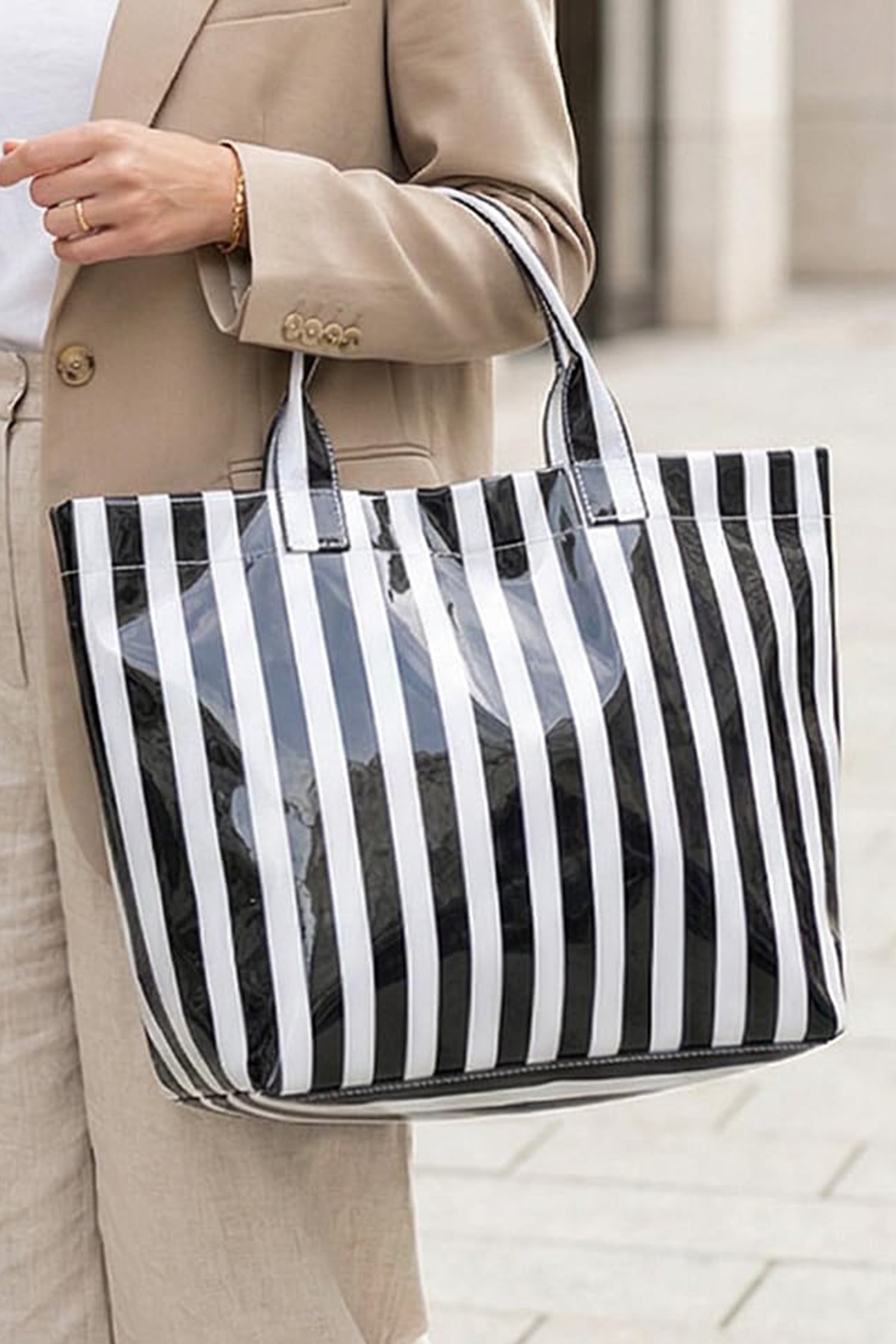 Color black Glossy Striped Vinyl Large Tote Bag (Color Varied)