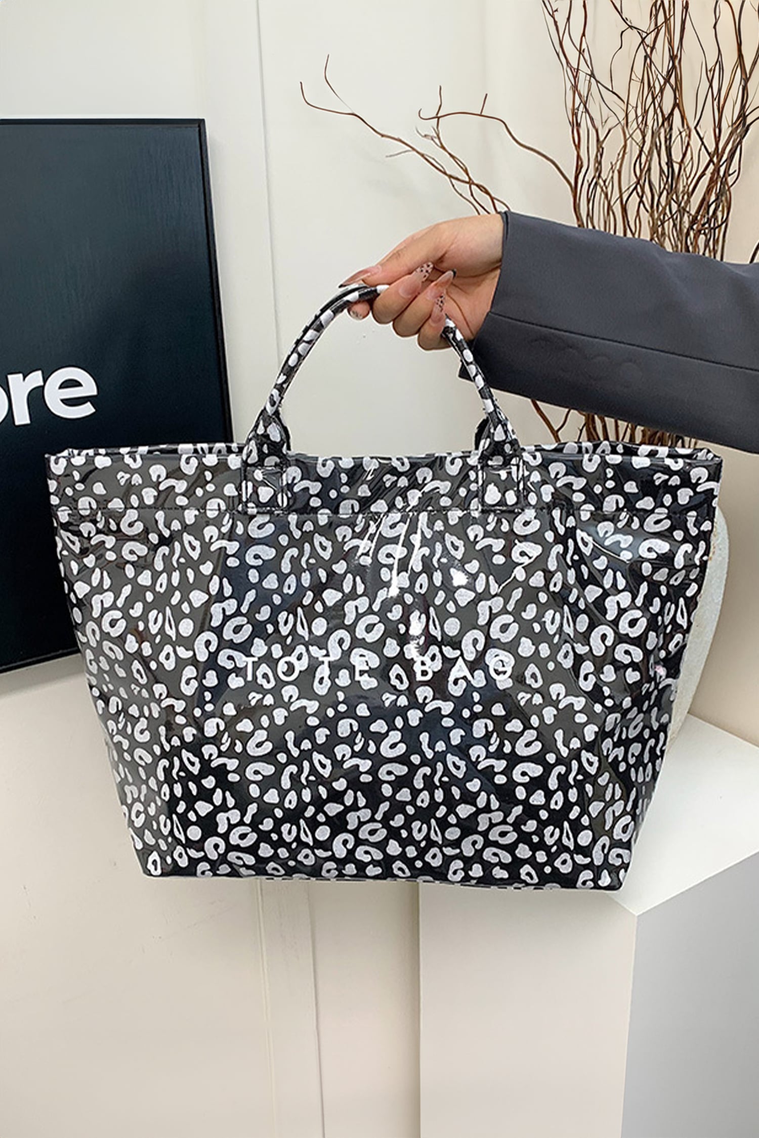 Color black Leopard PU Leather Water Proof Tote Bag