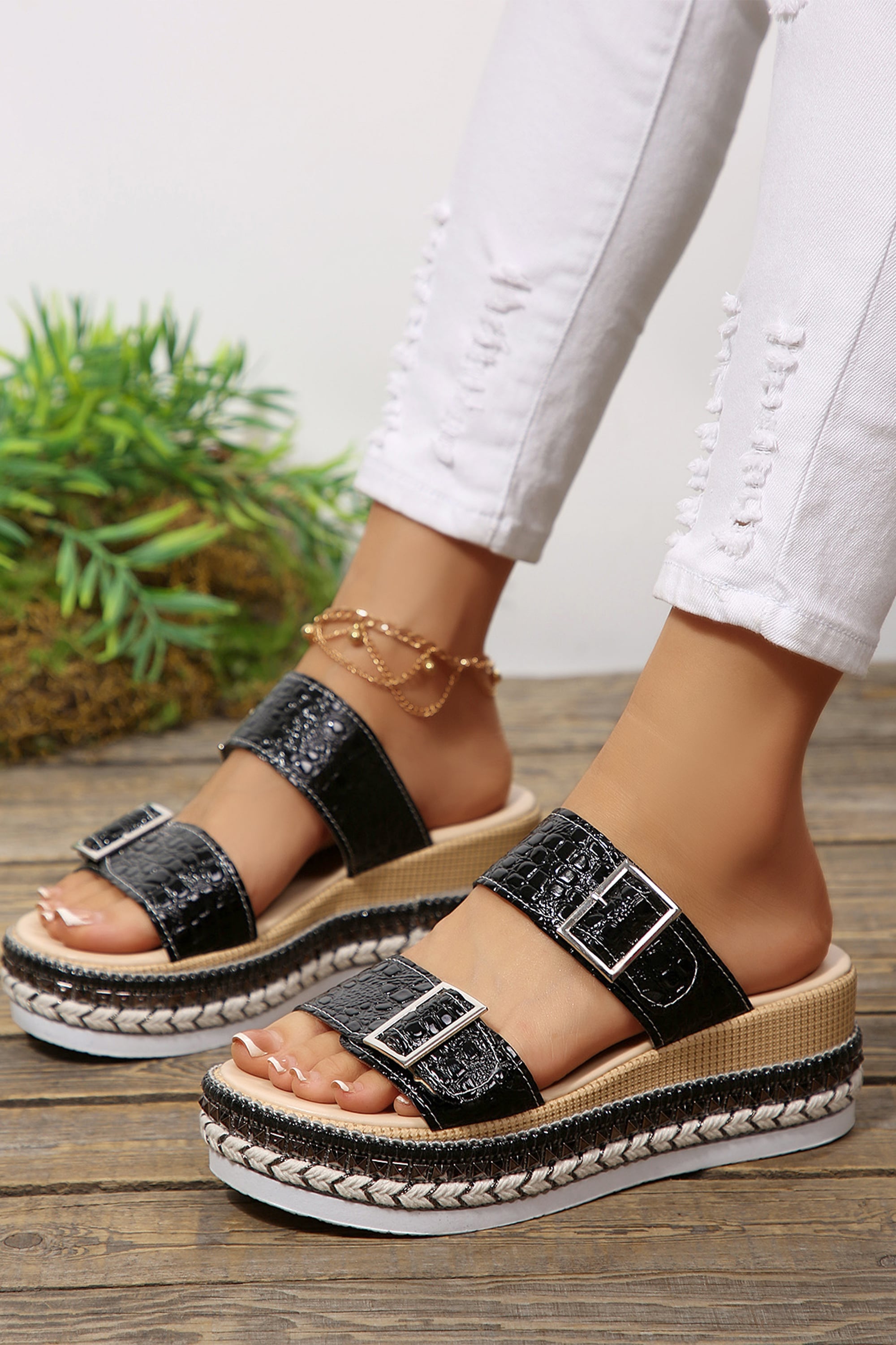 Color black Metallic Textured PU Leather Buckle Wedge Platform Slippers