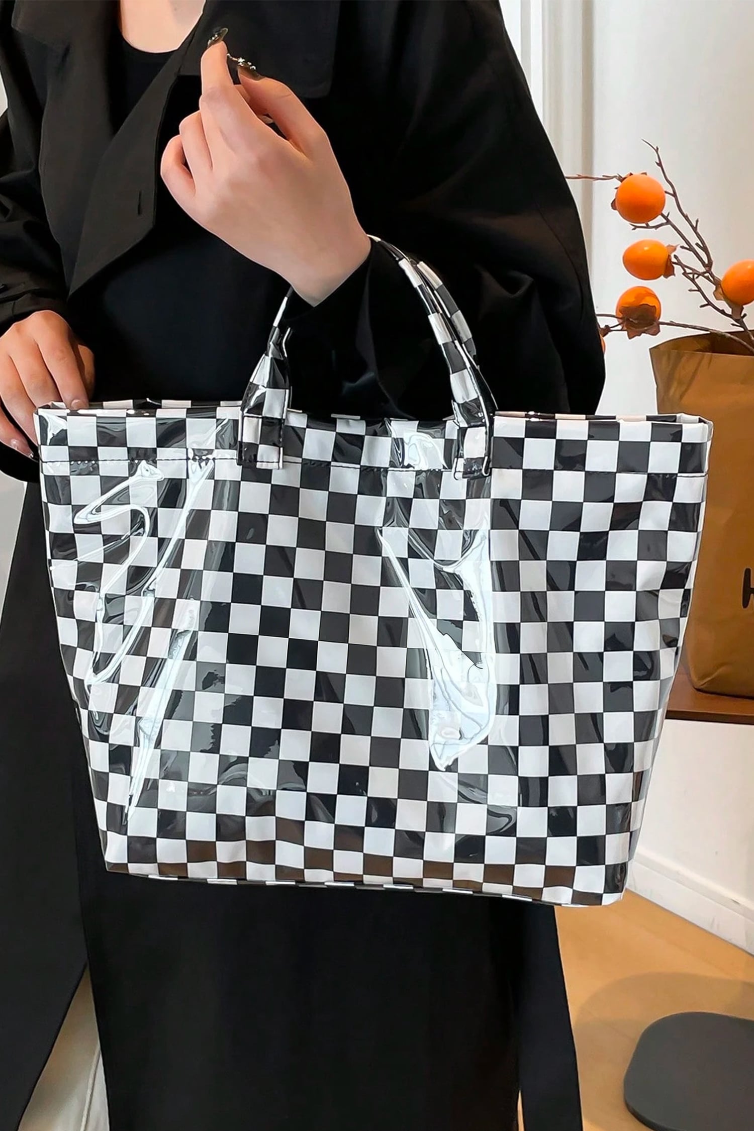 Color black Plaid Pattern PVC Glossy Waterproof Tote Bag