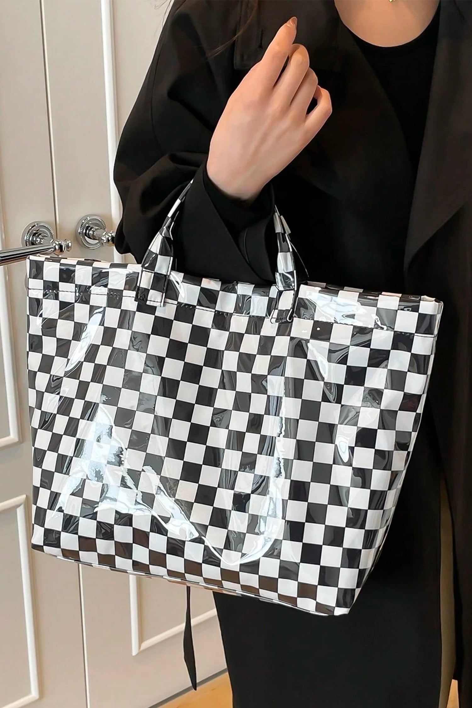Color black Plaid Pattern PVC Glossy Waterproof Tote Bag