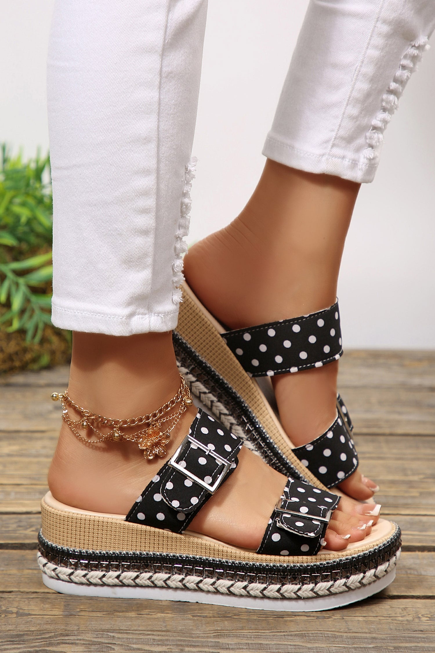Color black Polka Dot Pattern Double Buckle Straps Hollow Out Platform Slippers
