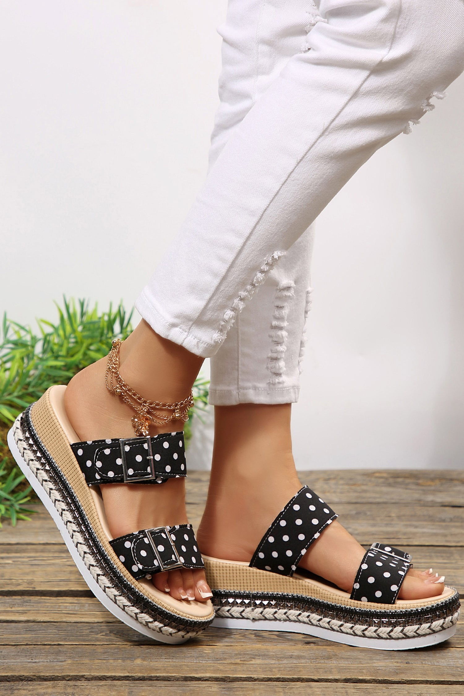 Color black Polka Dot Pattern Double Buckle Straps Hollow Out Platform Slippers