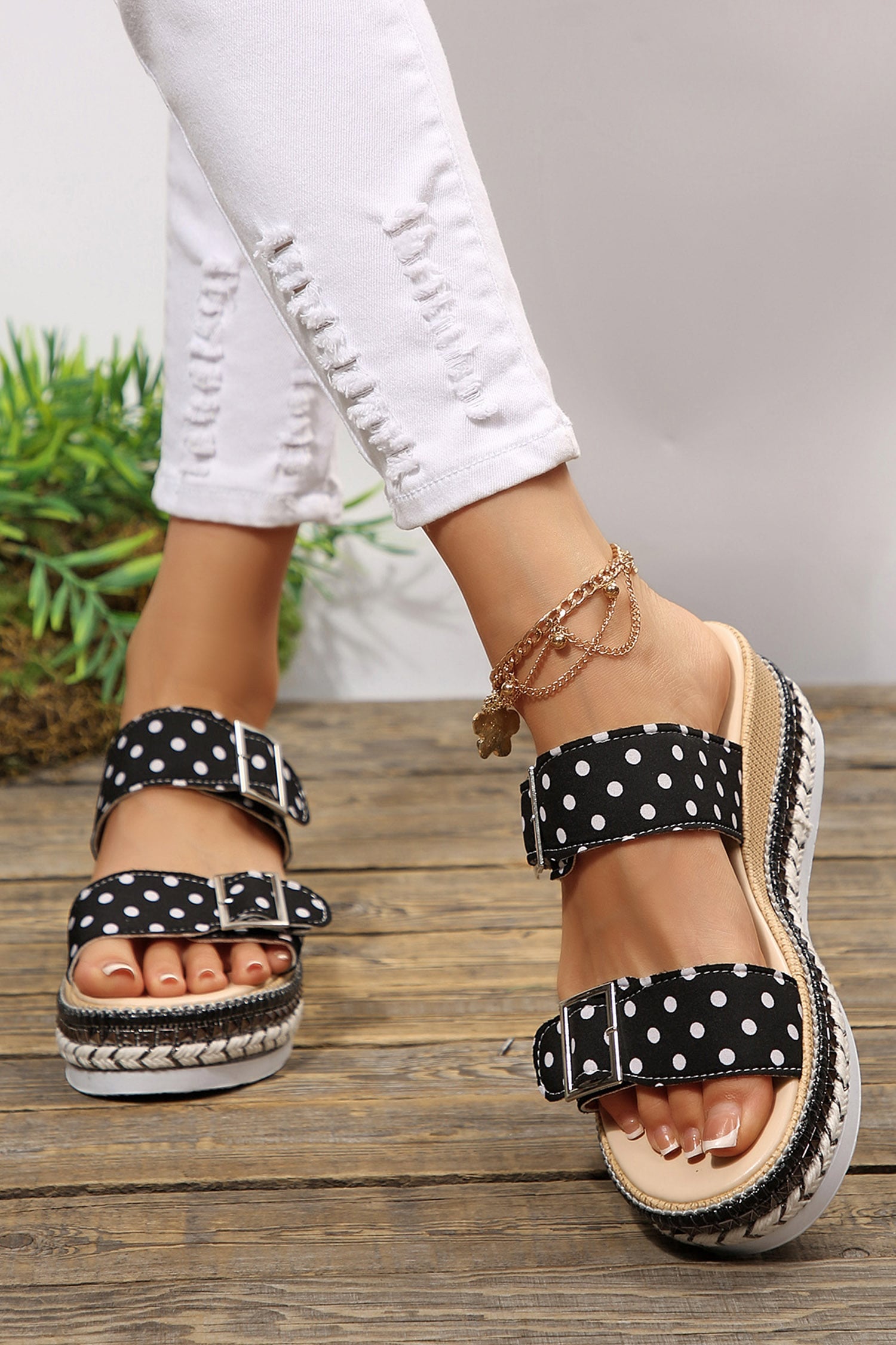 Color black Polka Dot Pattern Double Buckle Straps Hollow Out Platform Slippers