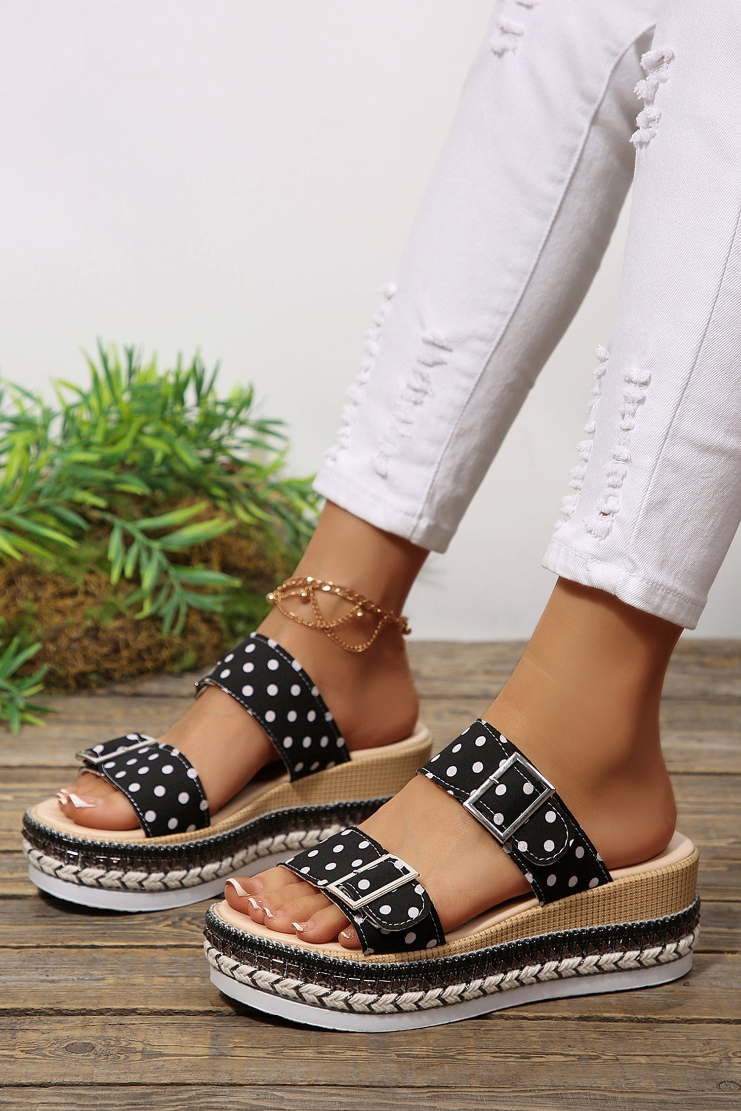 Color black Polka Dot Pattern Double Buckle Straps Hollow Out Platform Slippers