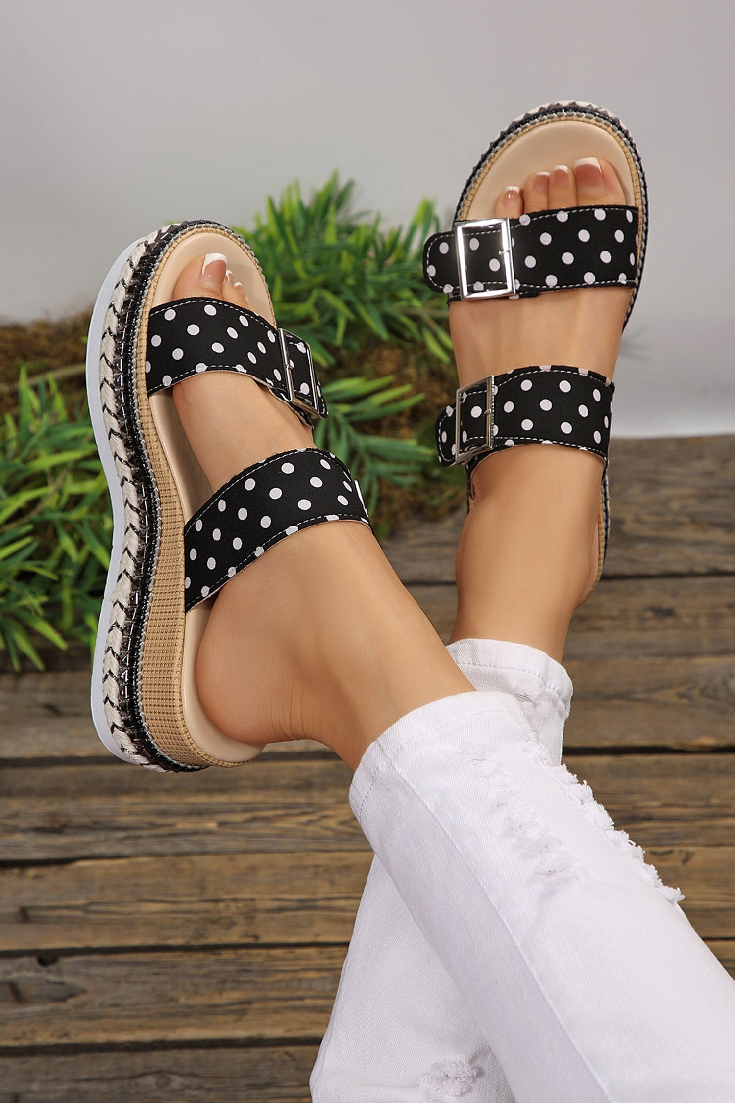 Color black Polka Dot Pattern Double Buckle Straps Hollow Out Platform Slippers