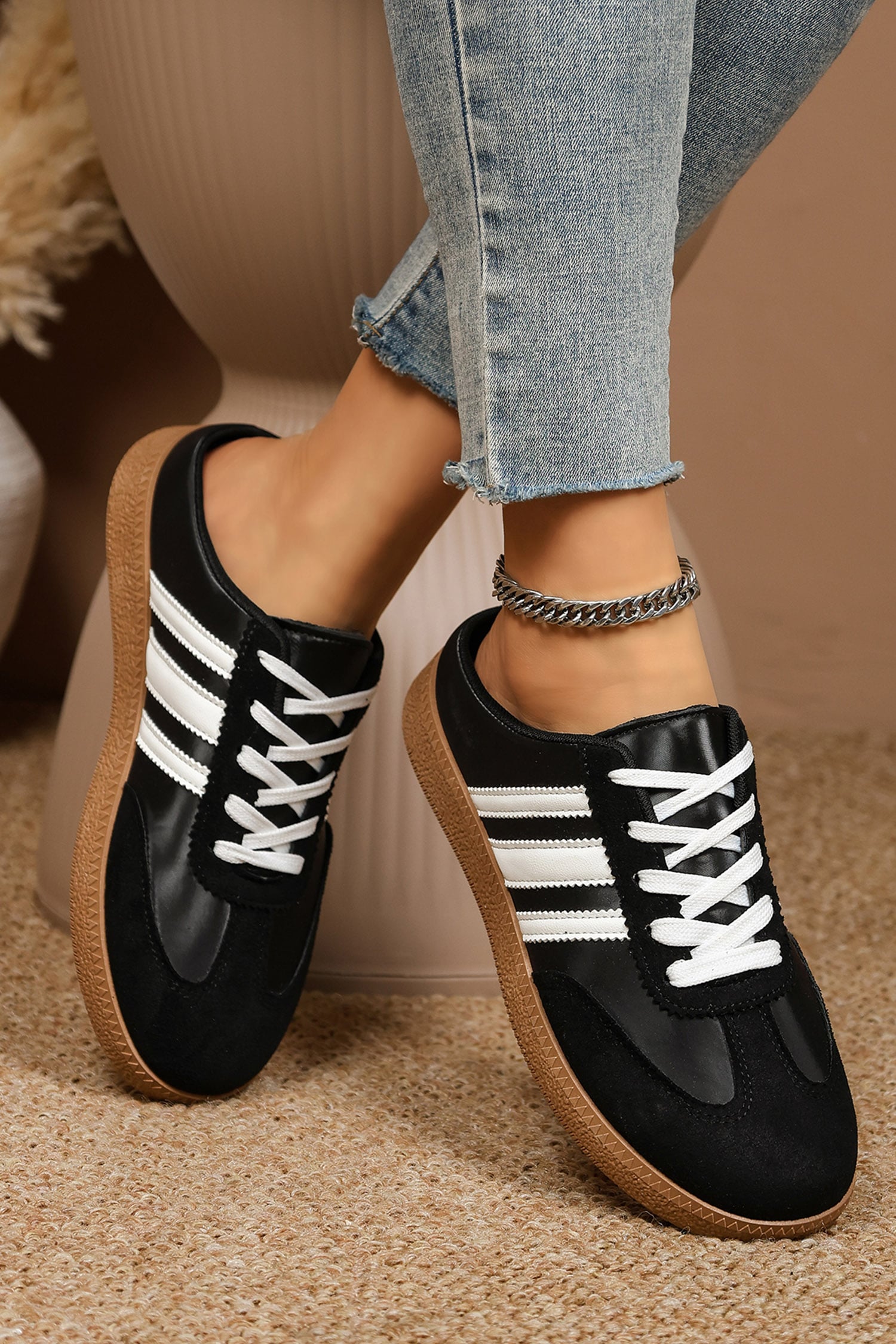 Color black PU Leather Color Block Varsity Lace Up Flat Shoes
