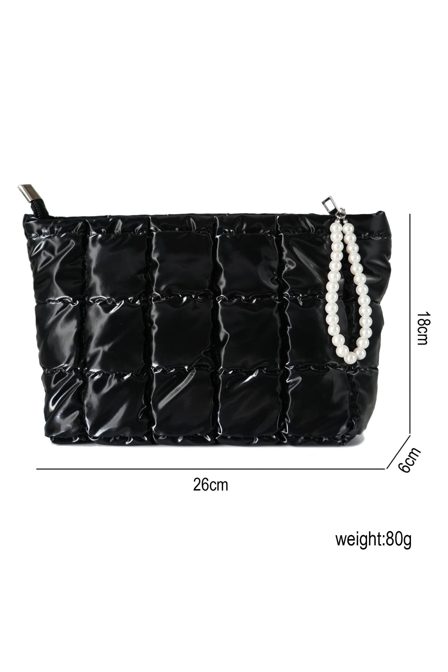 Color black PU Leather Quilted Texture Pearl Chain Zip Makeup Bag