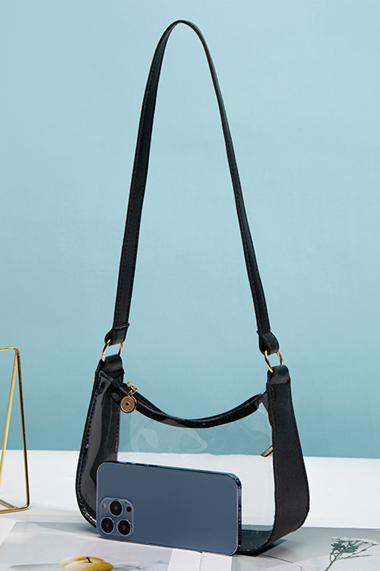 Color black PU Leather Trim Clear Shoulder Bag
