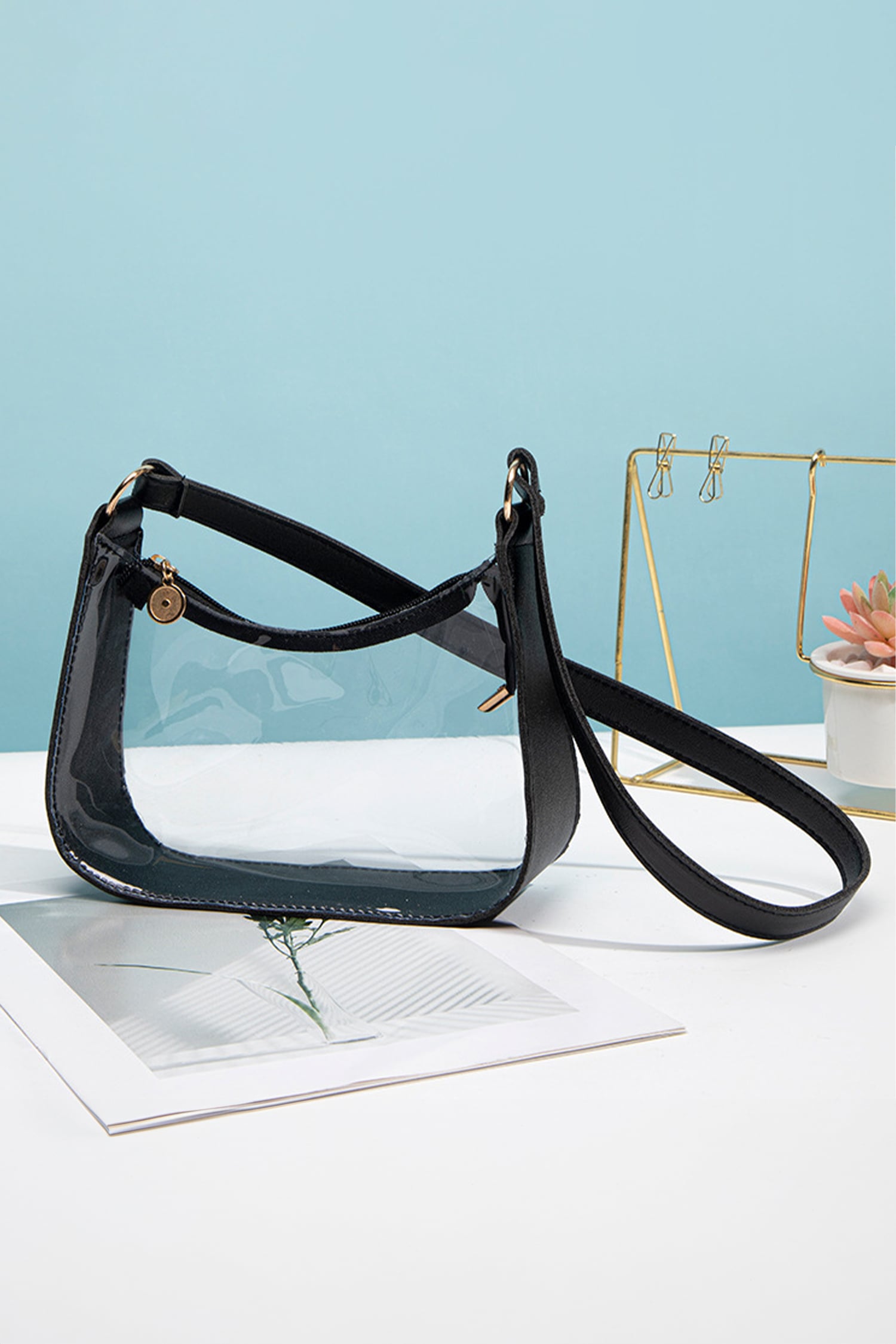 Color black PU Leather Trim Clear Shoulder Bag