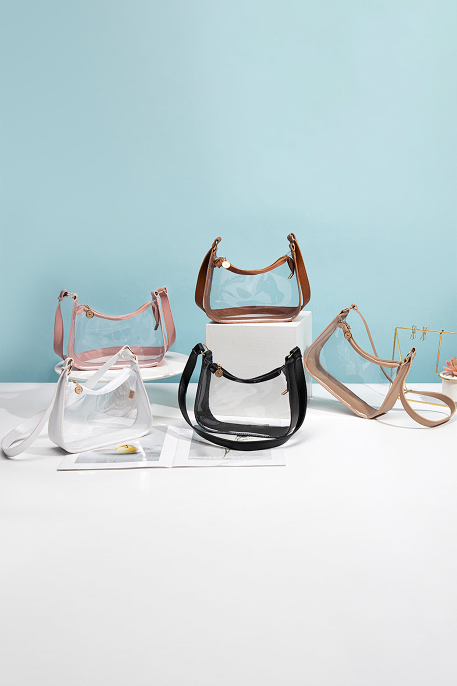 Color black PU Leather Trim Clear Shoulder Bag