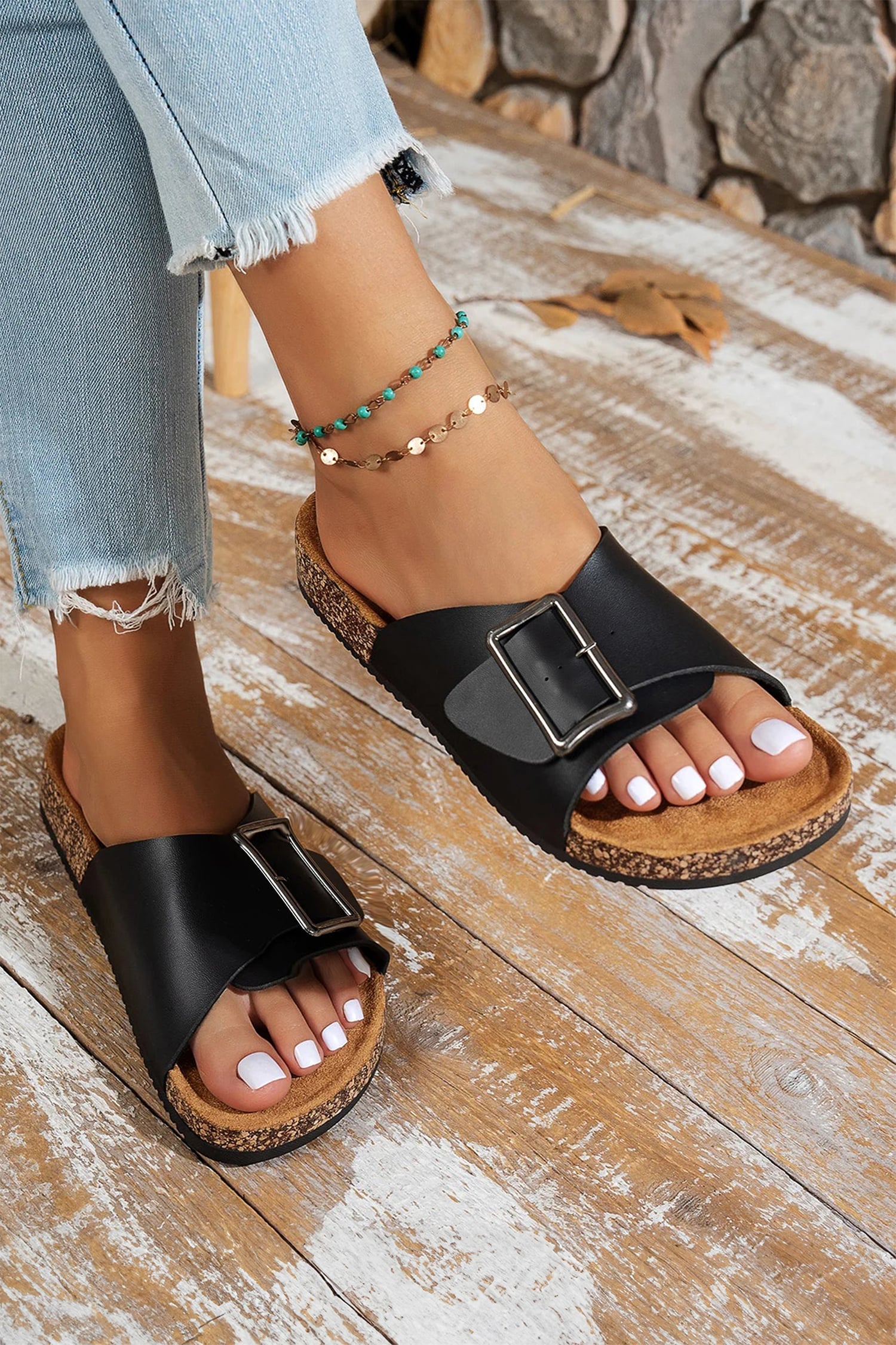 Color black Retro Geometric Print Buckle Strap Flat Slippers