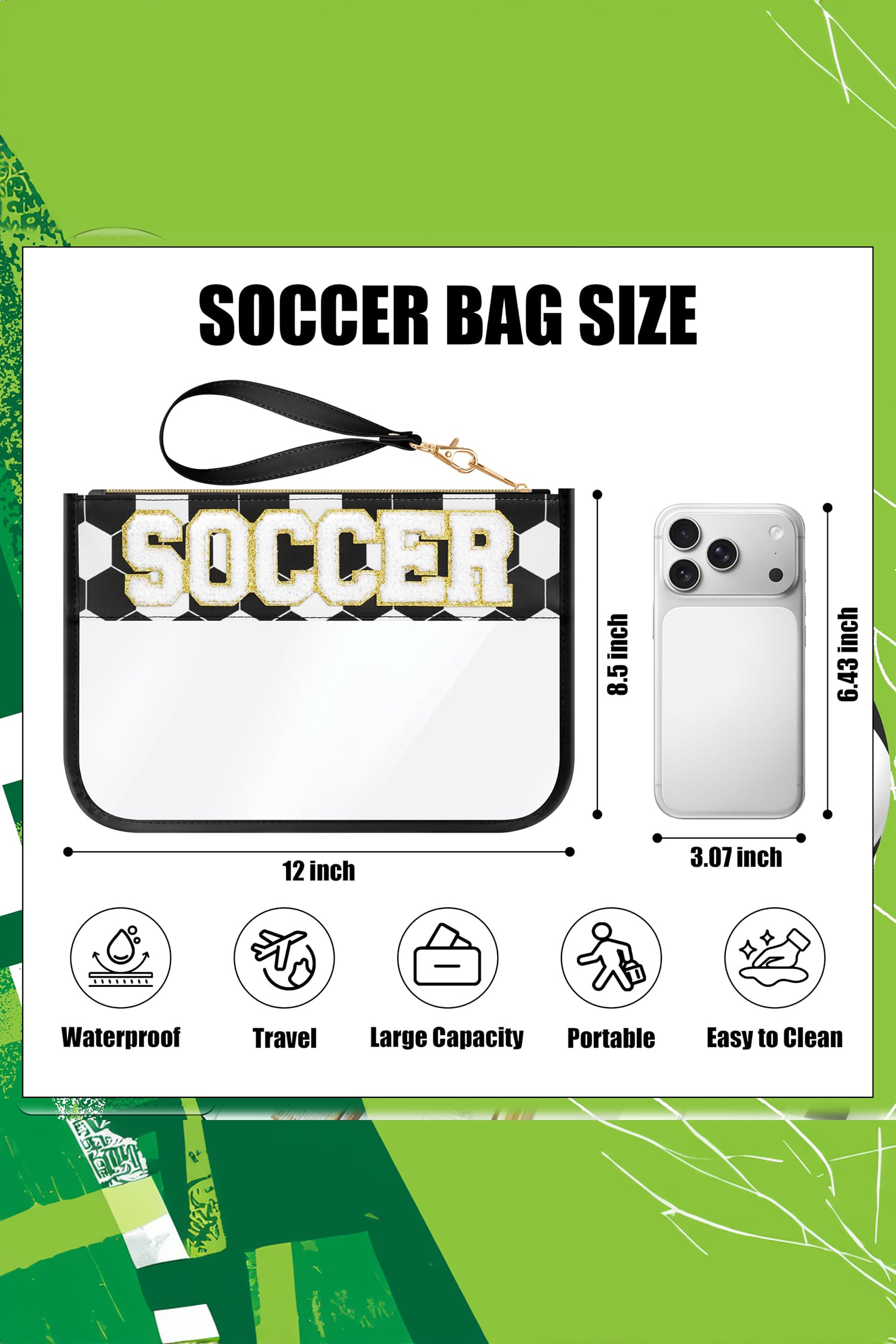 Color black SOCCER Chenille Letter Patch Game Day Stadium Clear PVC Cosmetic Bag