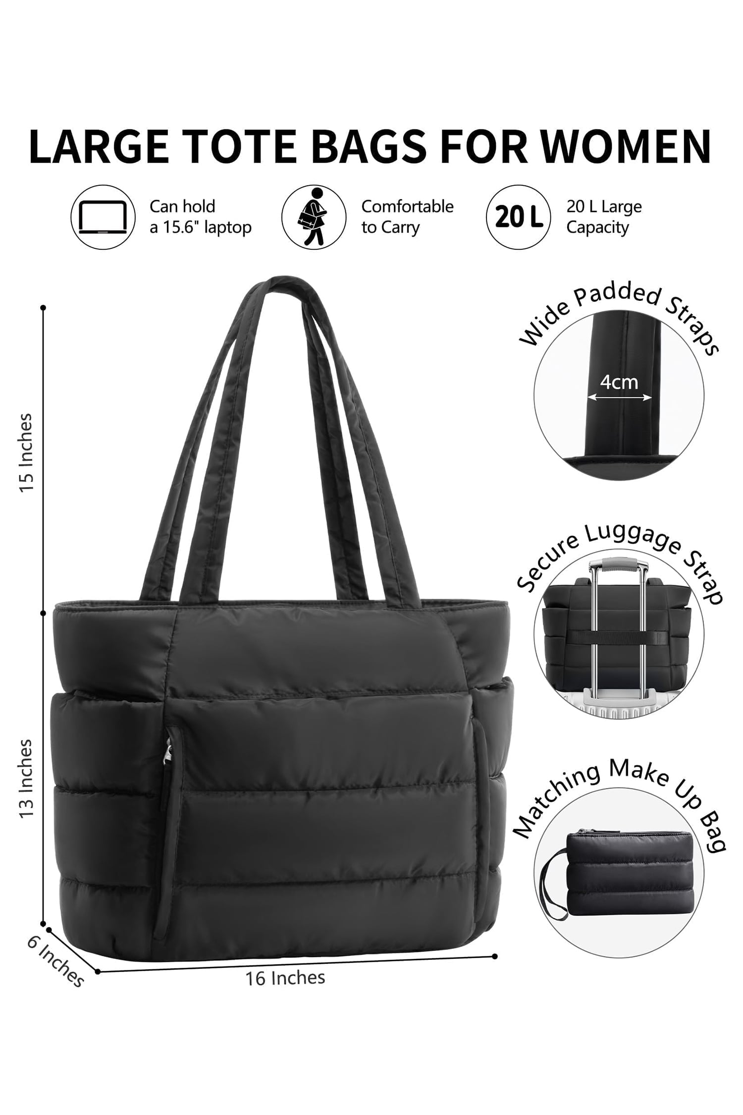 Color black Solid Color Puffy Quilted Large Tote Bag