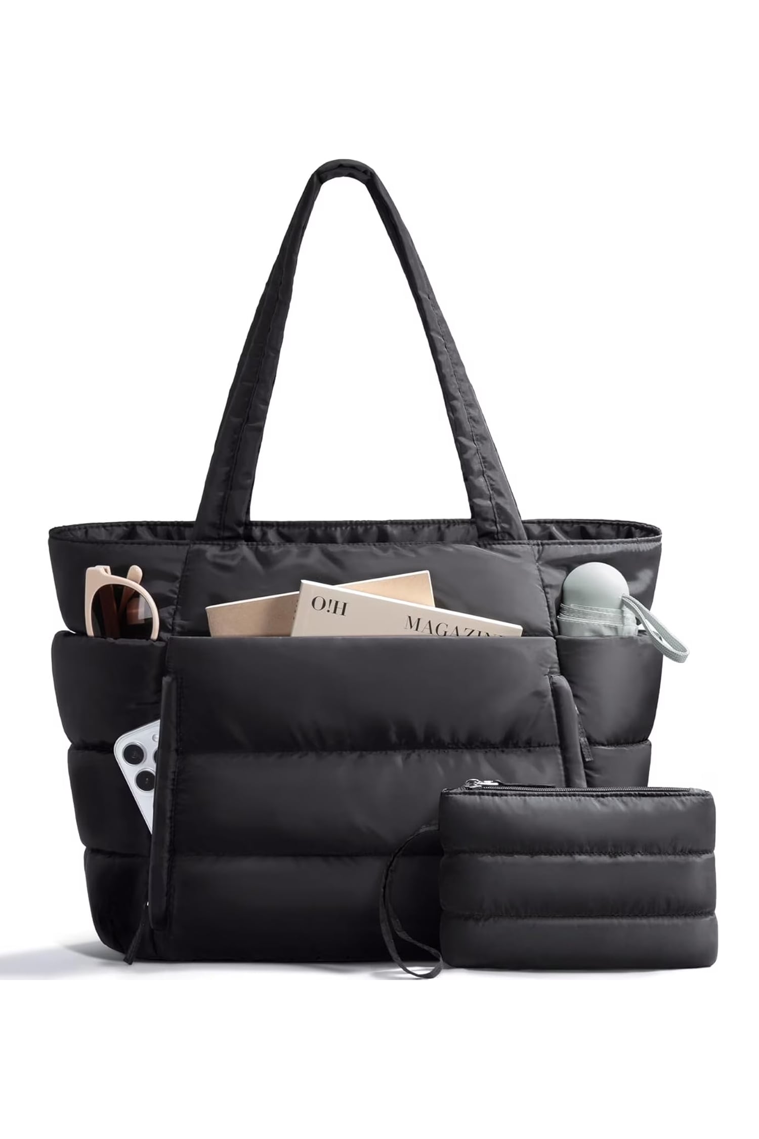 Color black Solid Color Puffy Quilted Large Tote Bag