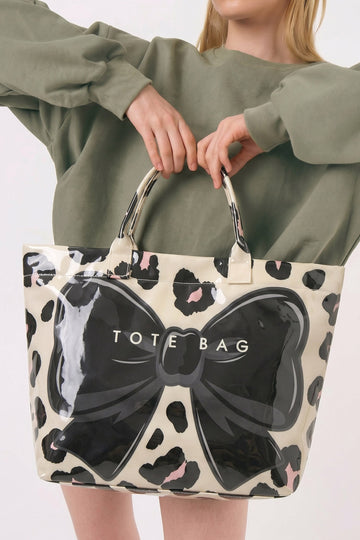 Color black Sweet Bow Leopard Print Sleek PVC Tote Bag