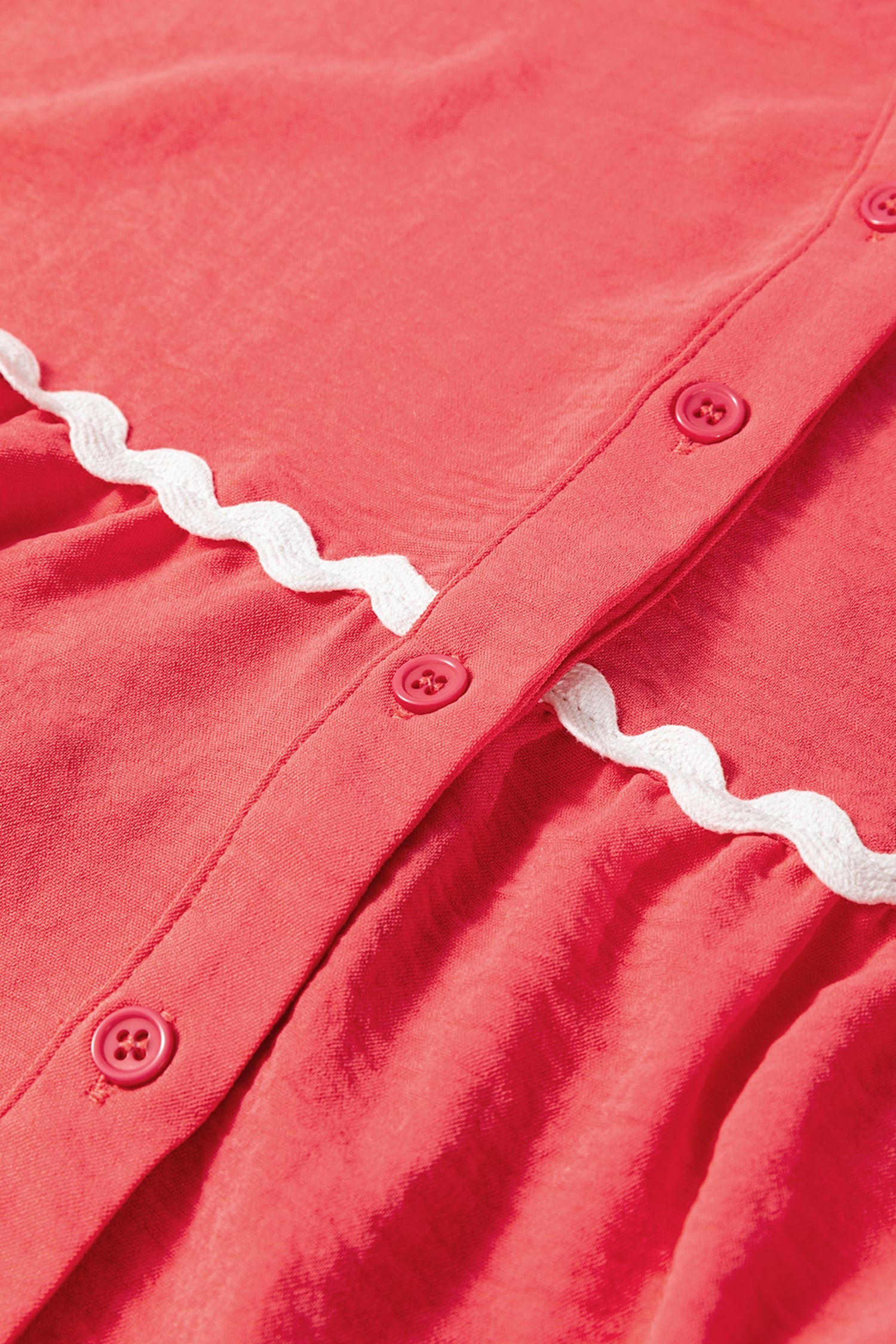 Coral Contrast Ricrac Trim V Neck Button Down Long Sleeve Shirt