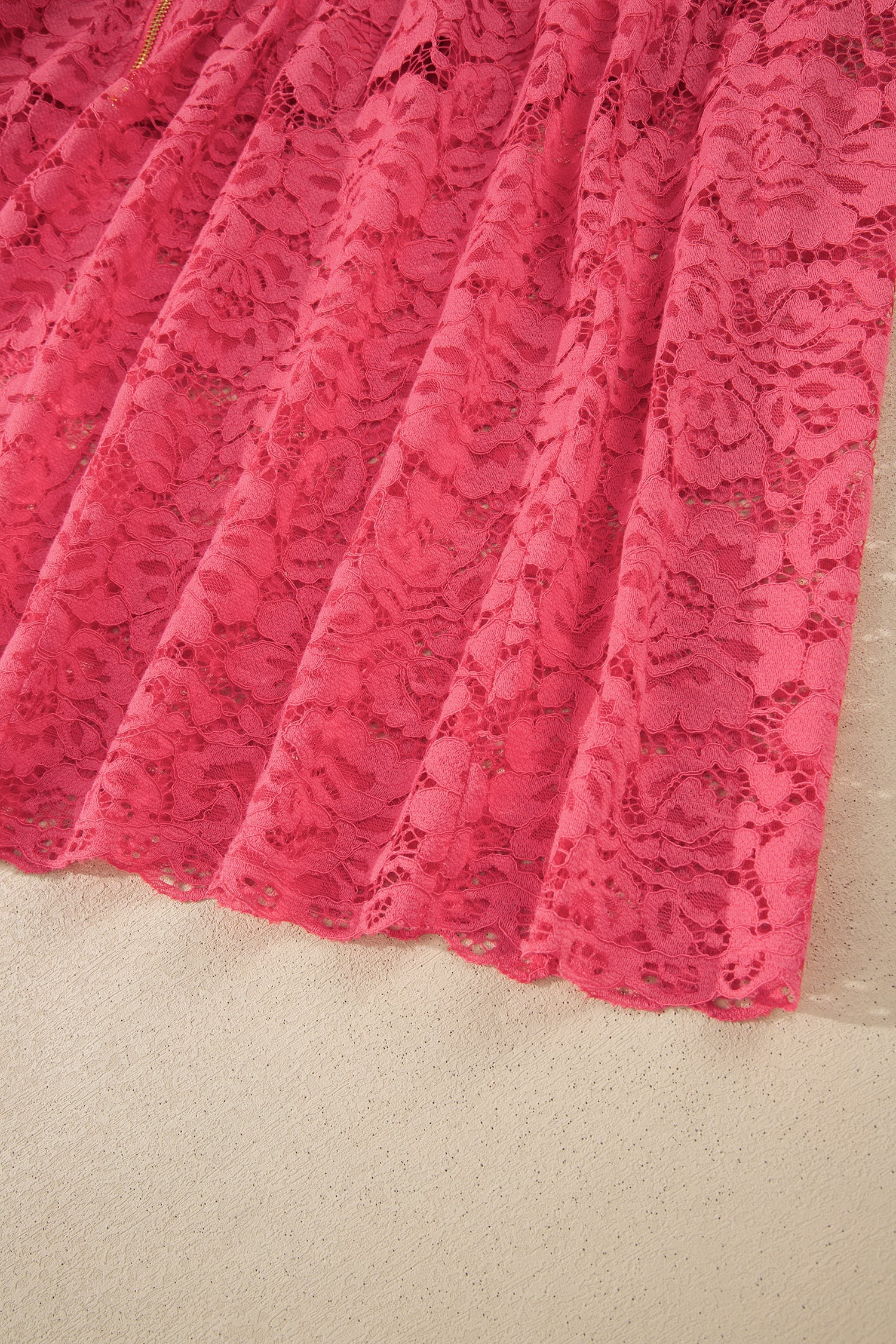 Coral Floral Lace Overlay Zip Up V Neck Smocked Waist Sleeveless Dress