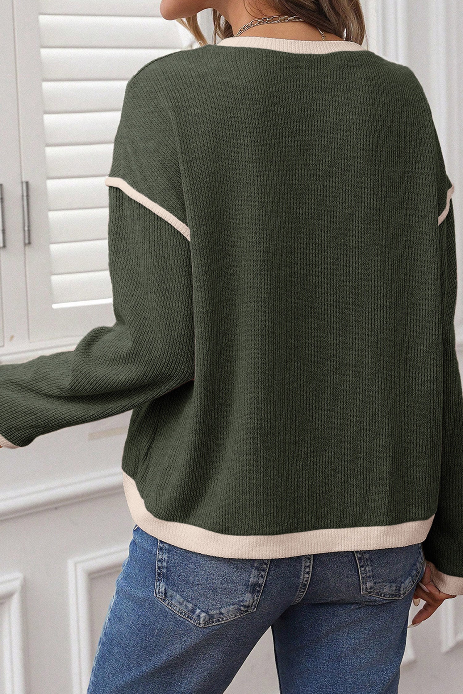 Four Leaf Clover Mallard Duck Graphic Contrast Trim Patchwork Casual Knit Top