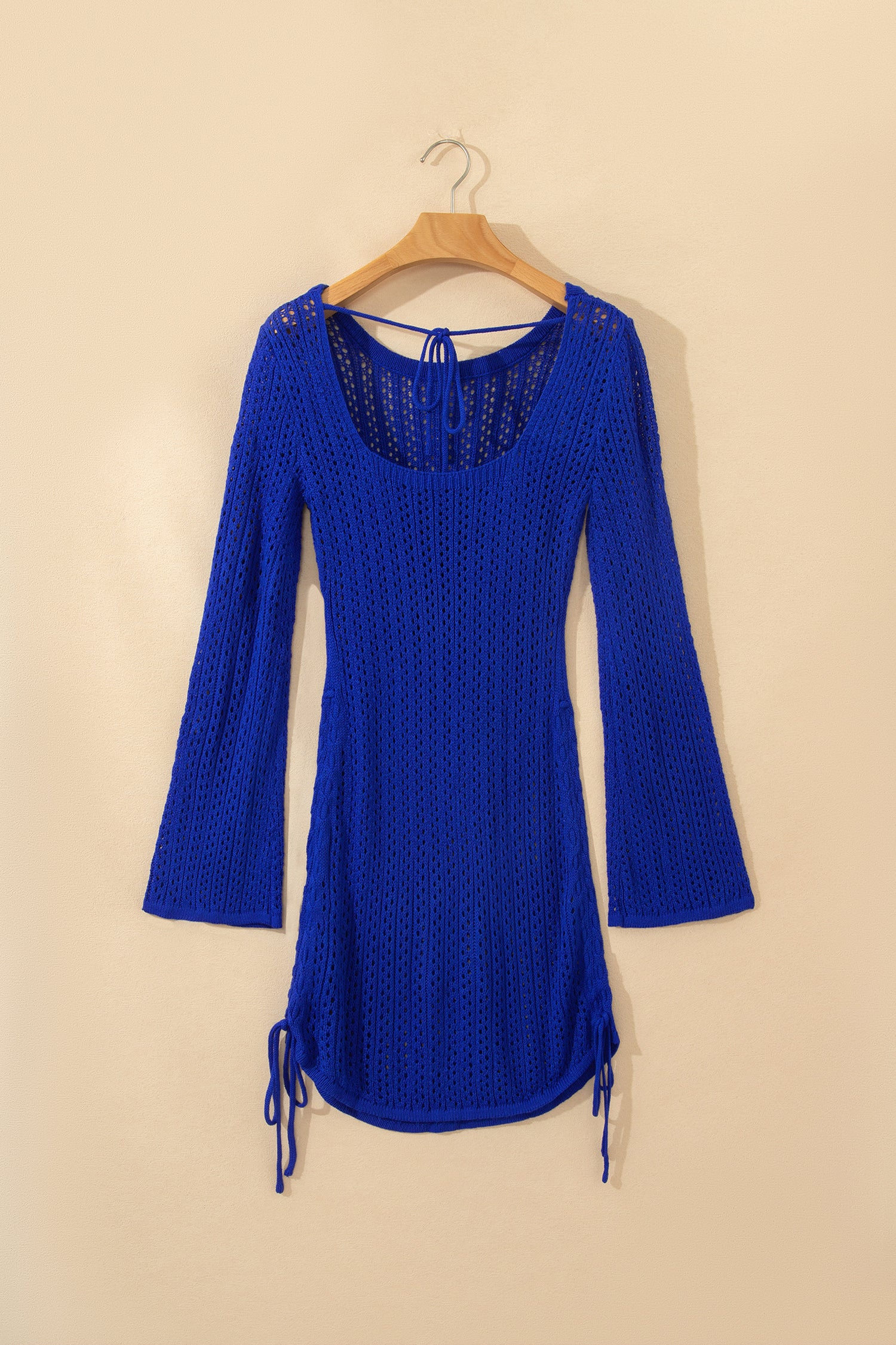 Dark Blue Hollowout Knit Bell Sleeve Drawstring Short Beach dress