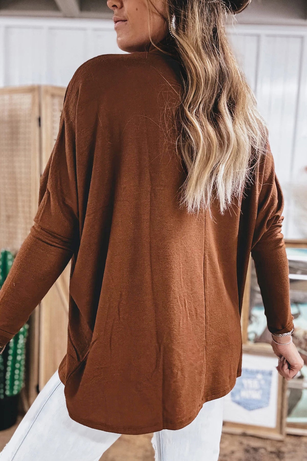 Red Sandalwood High Neck Long Sleeve Top