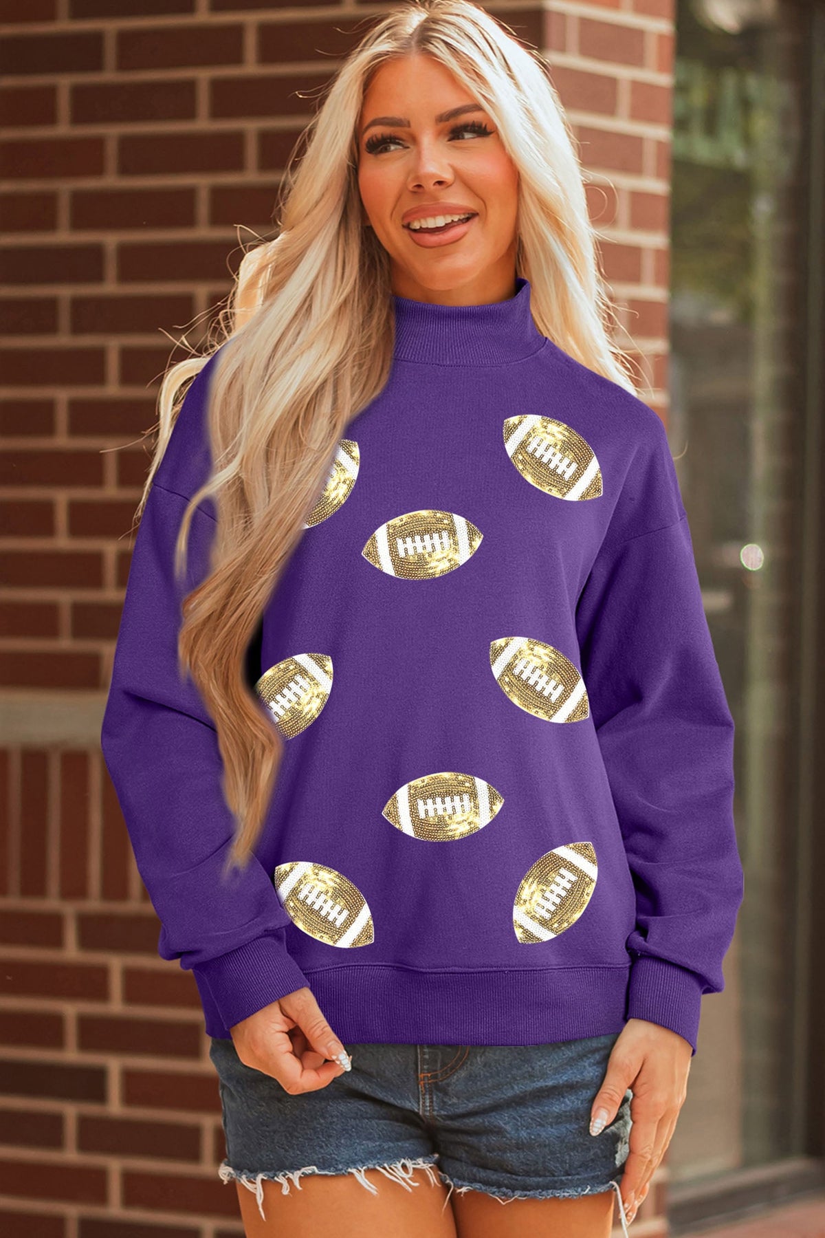 Tillandsia Purple Game Day Sequin Rugby Pattern Mock Neck Baggy Sweatshirt