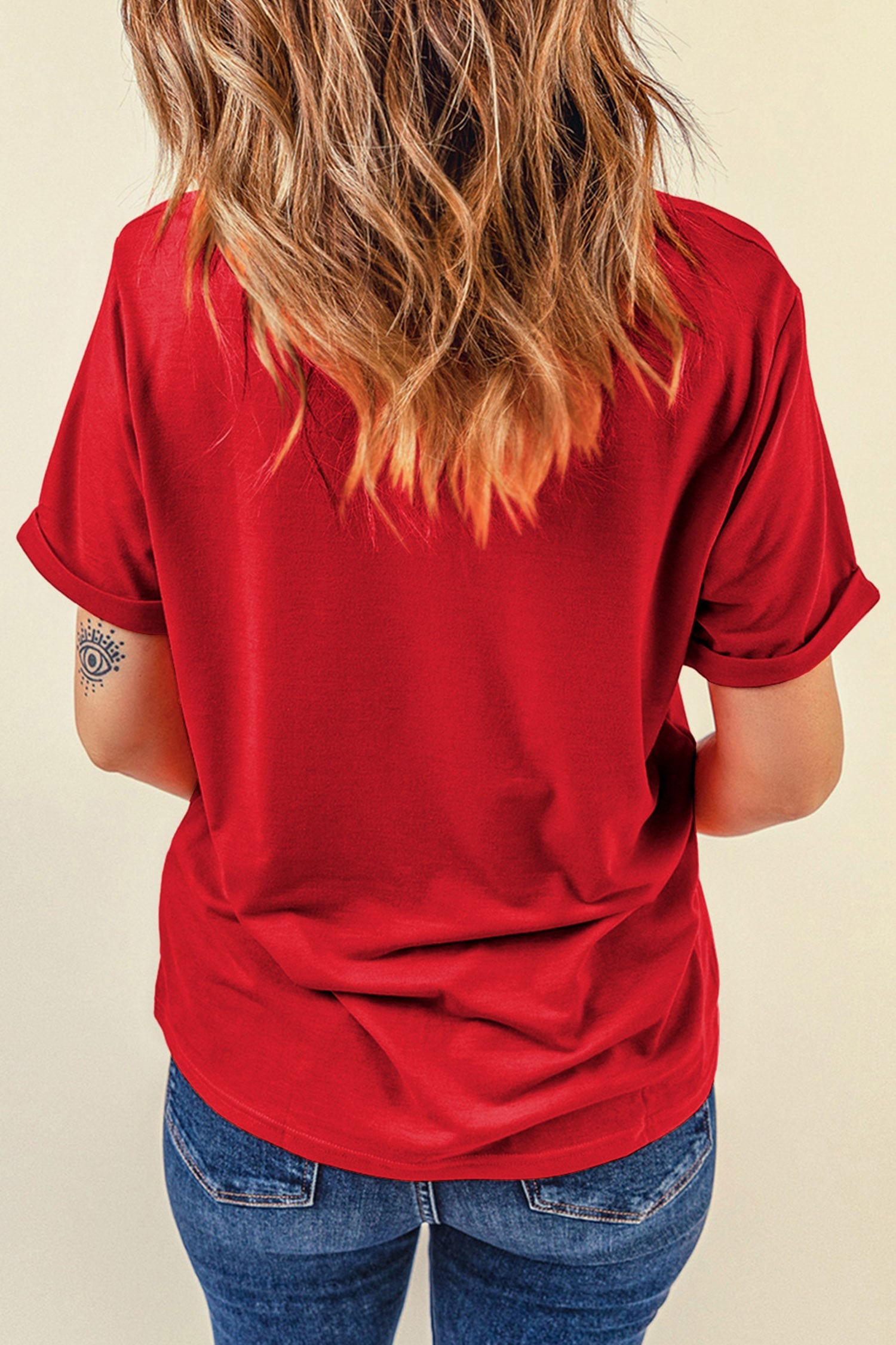 Red Sequined Cherry Bow Short Sleeve Round Neck T Shirt