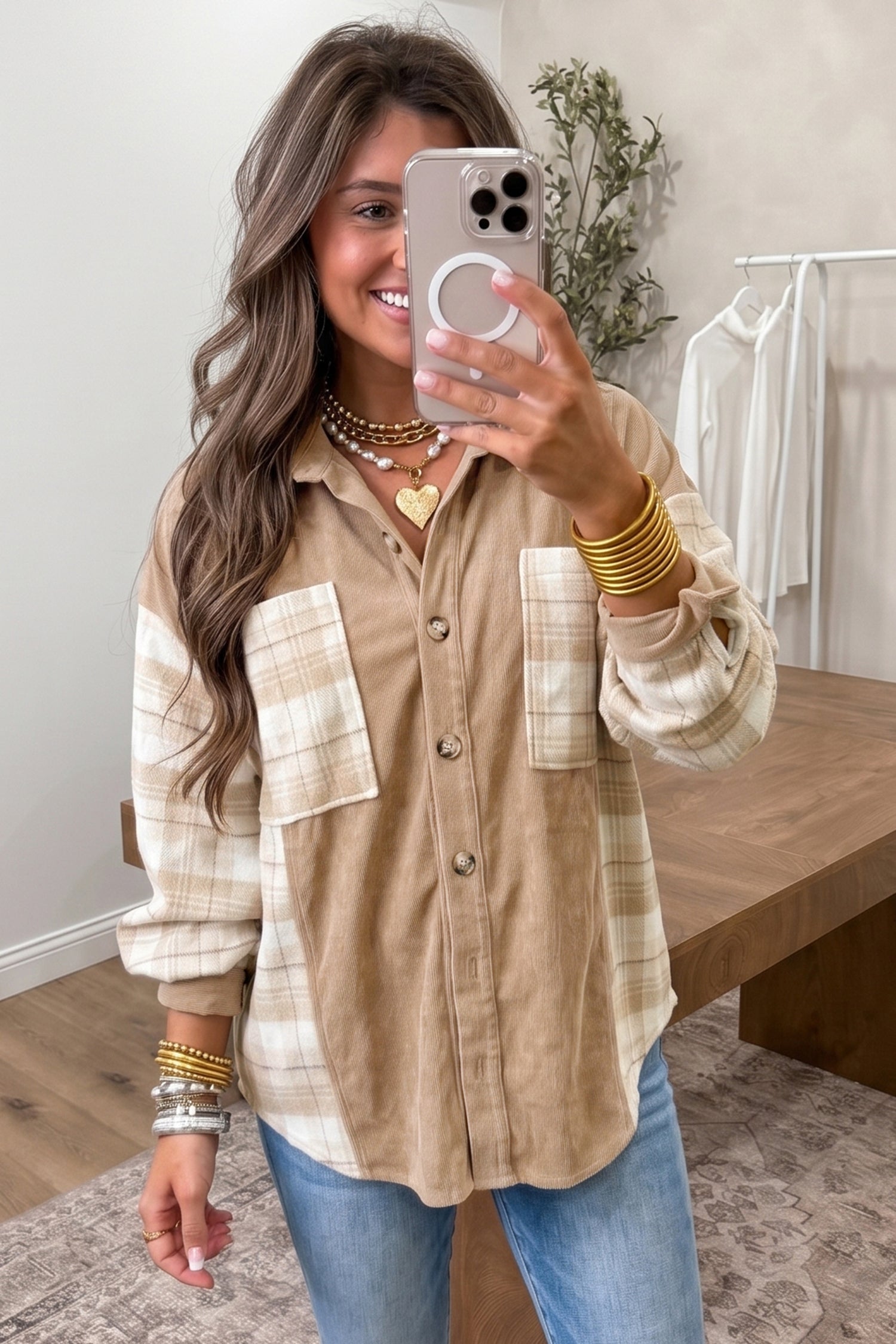 Light French Beige Plaid Colorblock Shirt Collar Shift Shacket