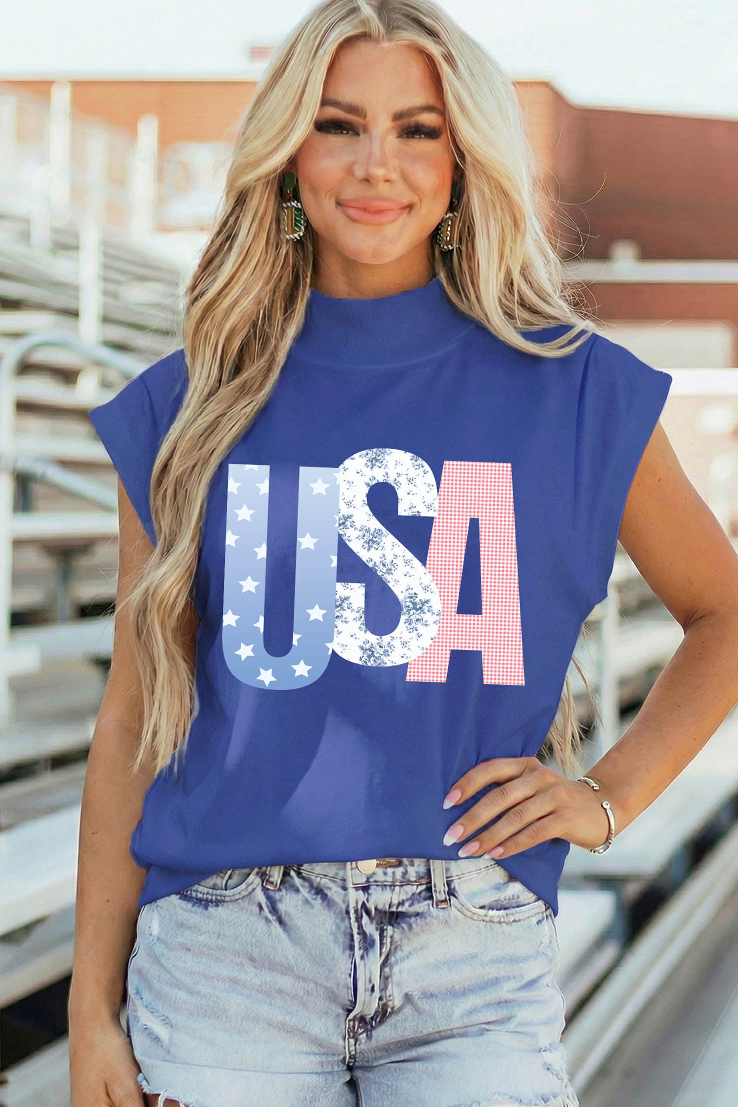 Sky Blue Mixed Pattern USA Letter Print Mock Neck Short Sleeve Top