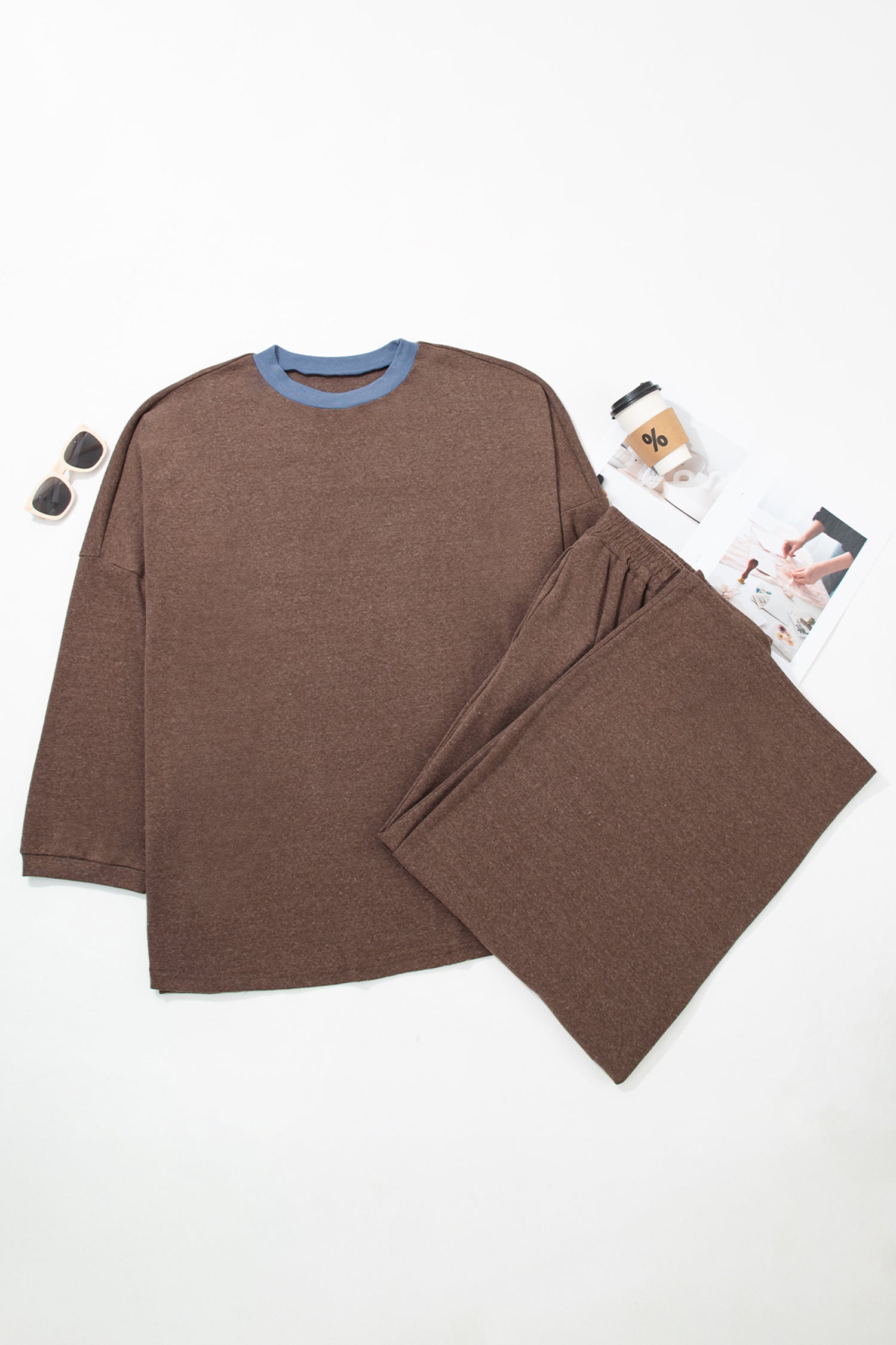 Dark Brown Long Sleeve Round Neck Patchwork Colorblock Plus Size Set