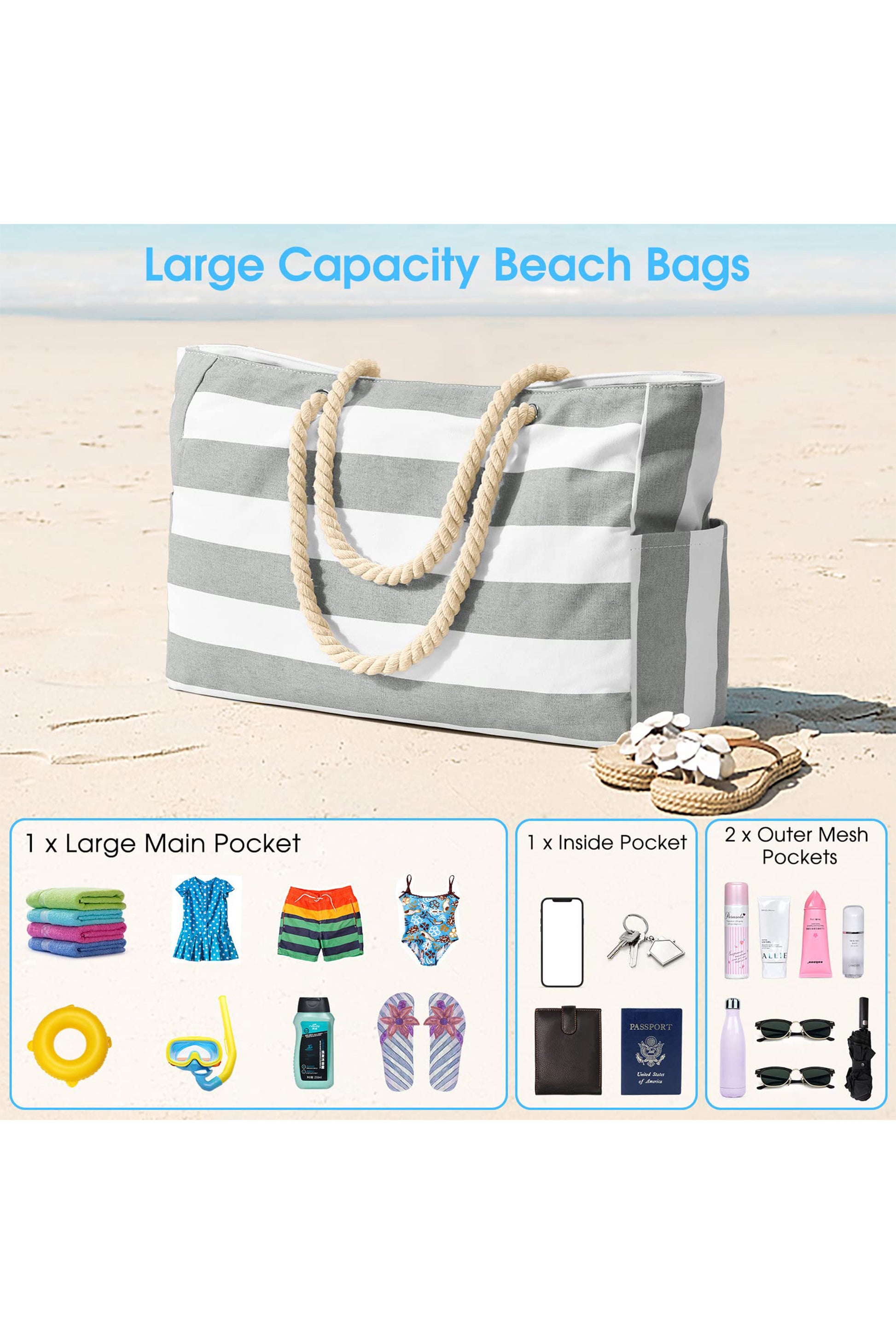 Gray Striped Waterproof Canvas Large Capacity Tote Bag