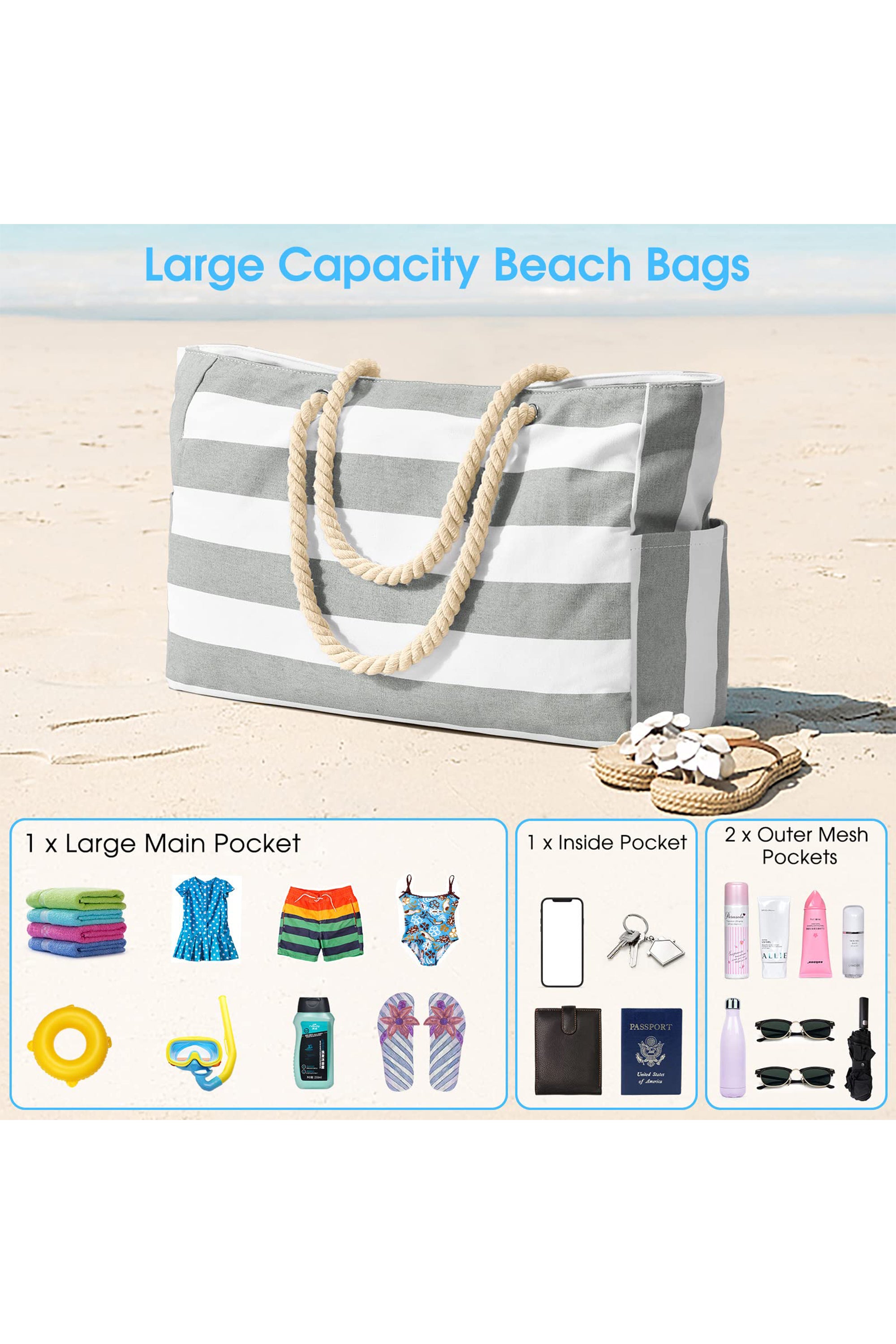 Gray Striped Waterproof Canvas Large Capacity Tote Bag