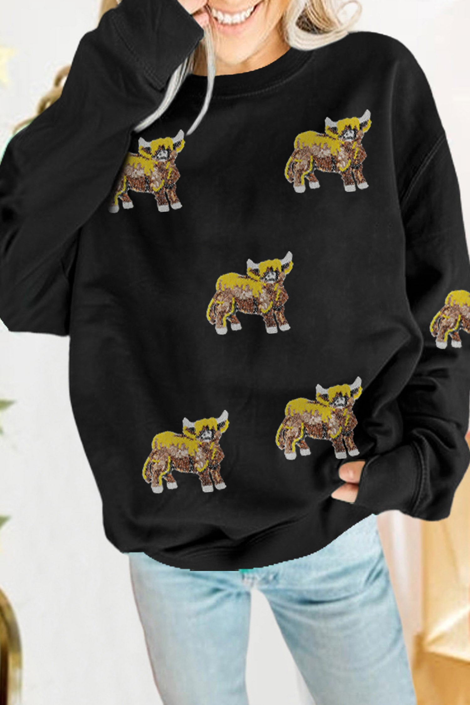 Black Sequined Western Print Long Sleeve Casual Pullover Sweatshirt