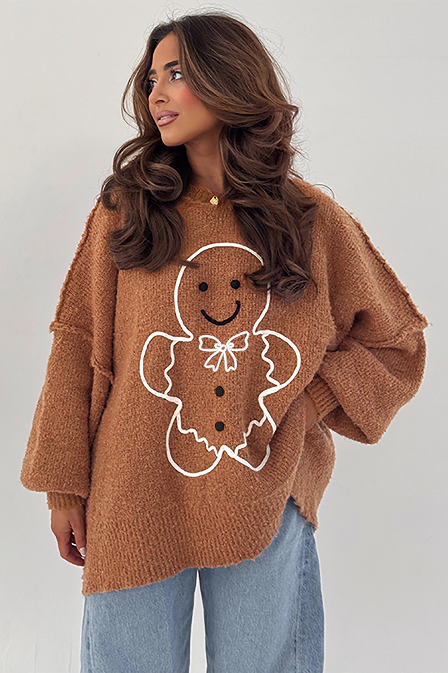 Brown Oversized Drop Shoulder Round Neck Christmas Sweater