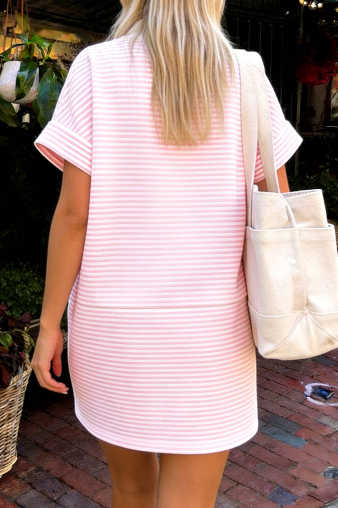 Pink Stripe Sequin Cherry Summer Shift T Shirt Mini Dress