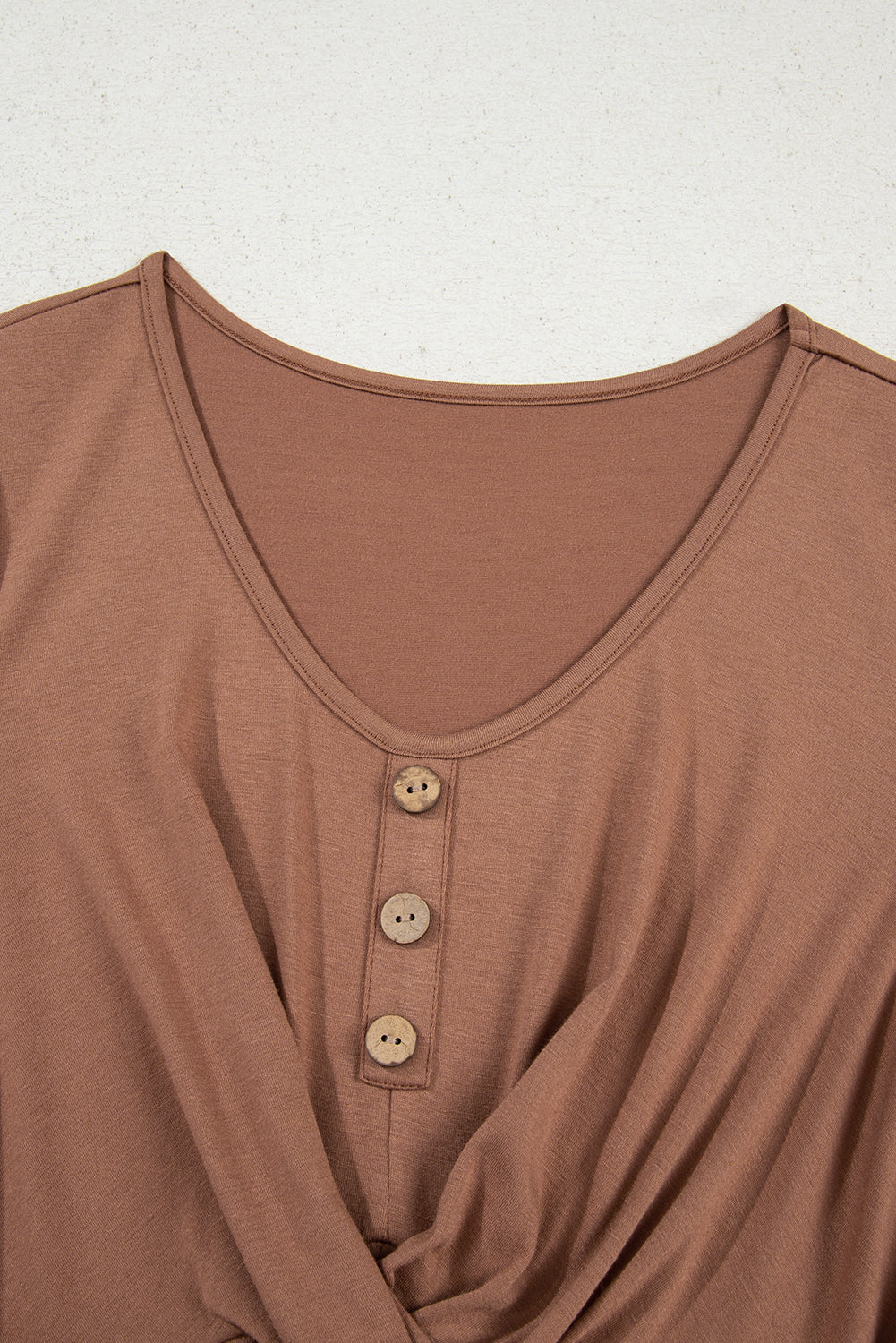 Chestnut Shirred Cuff Long Sleeve Button Round Neck Mini Dress